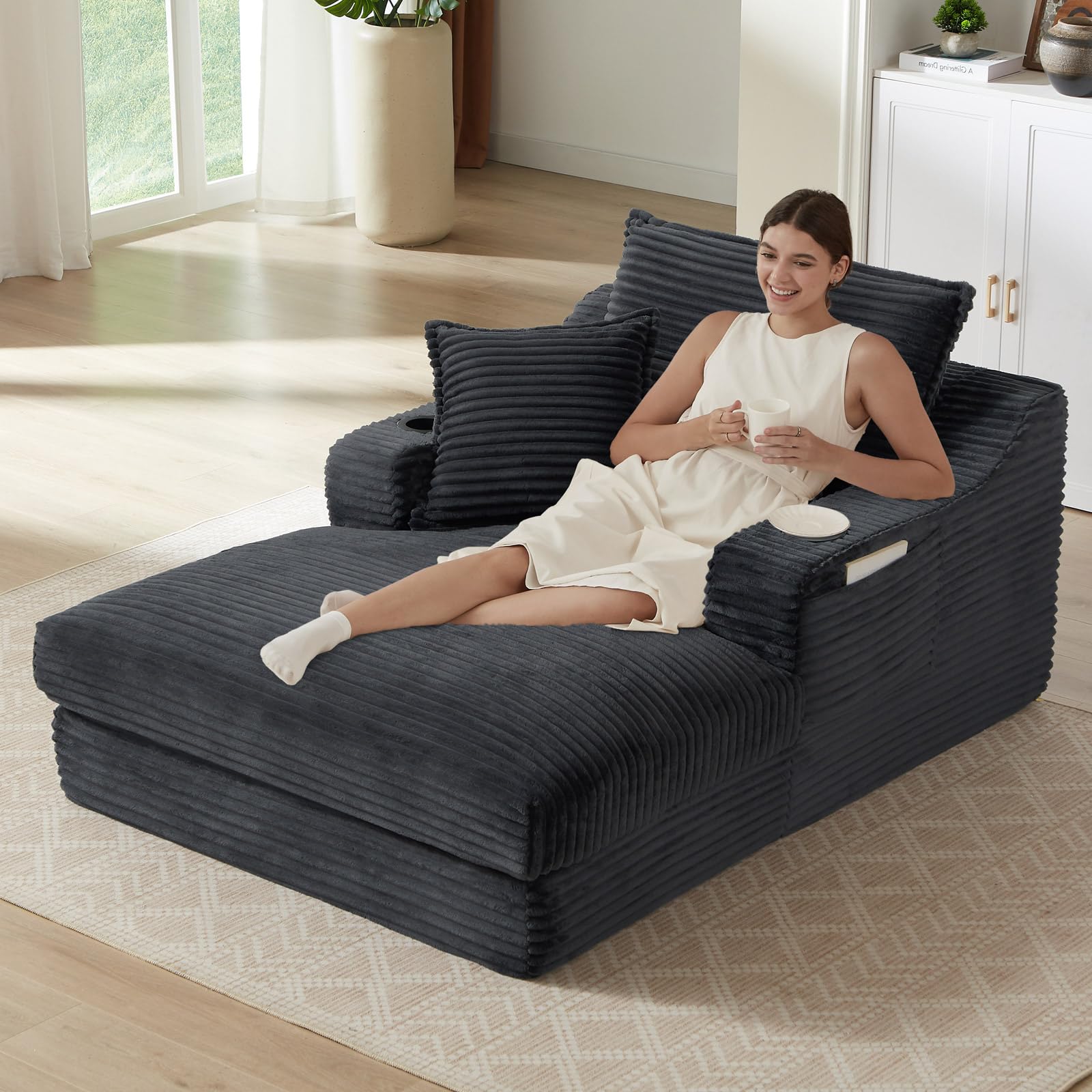 Oversized Chaise Lounge Chair Indoor, Boneless Chaise Lounges with Cup Holders & 3 Pillows, Modern Corduroy Sleeper Sofa Cloud Couch Chair with Wide Arms, No Assembly Required (Black, 48")