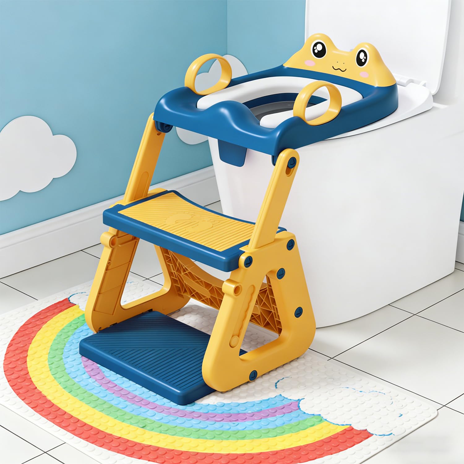 Reducteur Toilette Enfant avec Marche,Stabiliser Rehausseur Toilette Enfant avec Structures Triangulaires,Adaptateur Toilette pour Enfants Garçons et Filles,Antidérapant et Pliable,Bleu