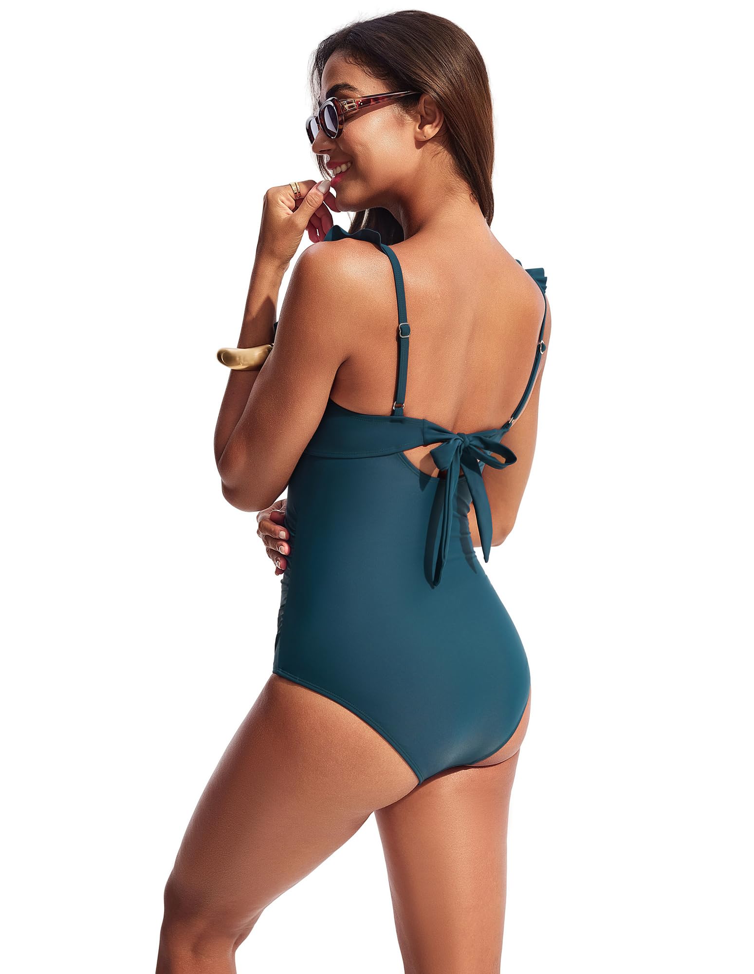 Hanna Nikole Monokini - Traje de baño para mujer, cuello en V, volantes, hebilla de metal, corte entallado para adelgazar