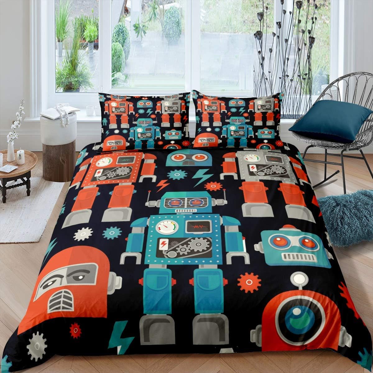 Feelyou Boys Robot Printed Duvet Cover Cartoon Mechanic Pattern Bedding Set for Kids Children Colorful Mechanical Toys Decor Comforter Cover Cool Steampunk Style Bedspread Cover 2Pcs Zipper Twin Size
