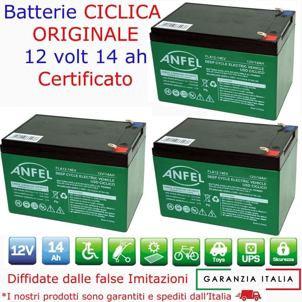 3 batterie Bici elettrica 12 Volt 14 ah EV 36 Volt Ciclica 6dzm CICLICA Uso CICLICO Bici Biciclette ELETTRICHE MONOPATTINI Quad ELETTRICI ELETTRICA Deep Cycle 6-DZM-14 6DZM14 6-DZM-12 6DZM12