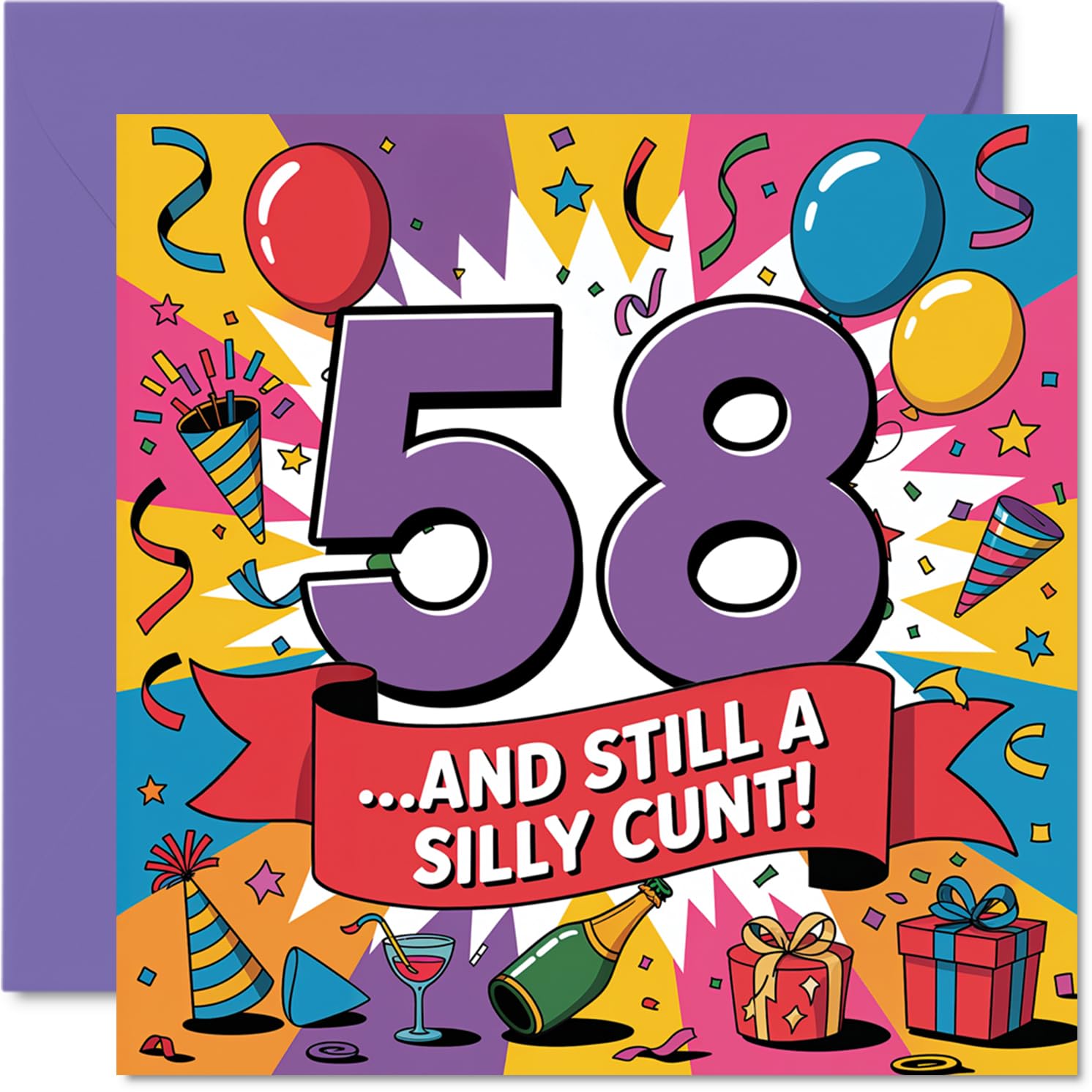 Funny 58th Birthday Card - Turning 58 and Still Up to Mischief - Bold Multicoloured Design with a Cheeky Twist - 145mm Square, Envelope Included