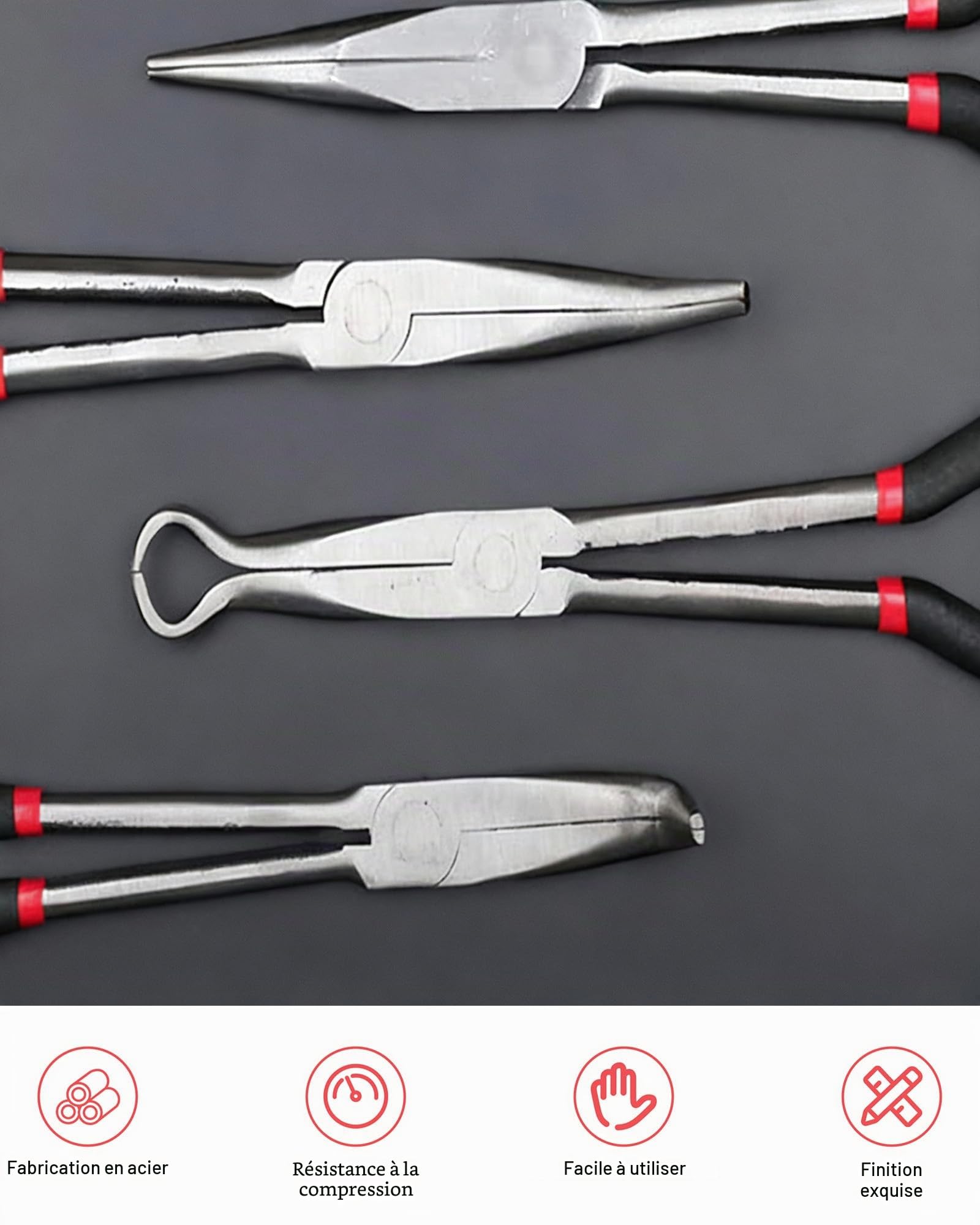 Jeu de 4 Pinces à Bec Long: Pince à Bec Droit 280 mm, pince à angle de 45°, 90° et Circulaire pour l'industrie, la Construction, l'ingénierie Mécanique, l'automobile