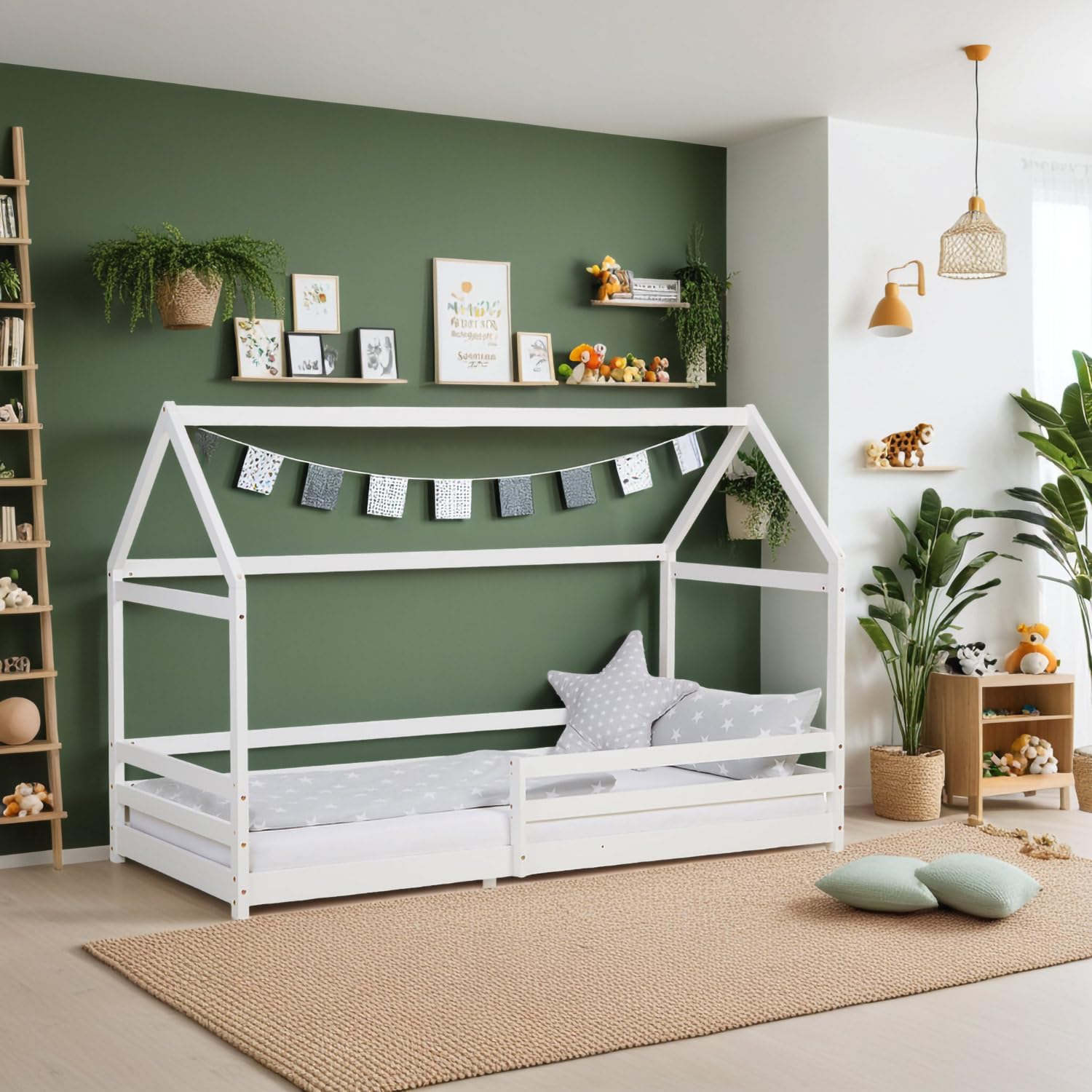 Homestyle4u Lit d'enfant 90x200 cm Lit Cabane Montessori avec Barriere