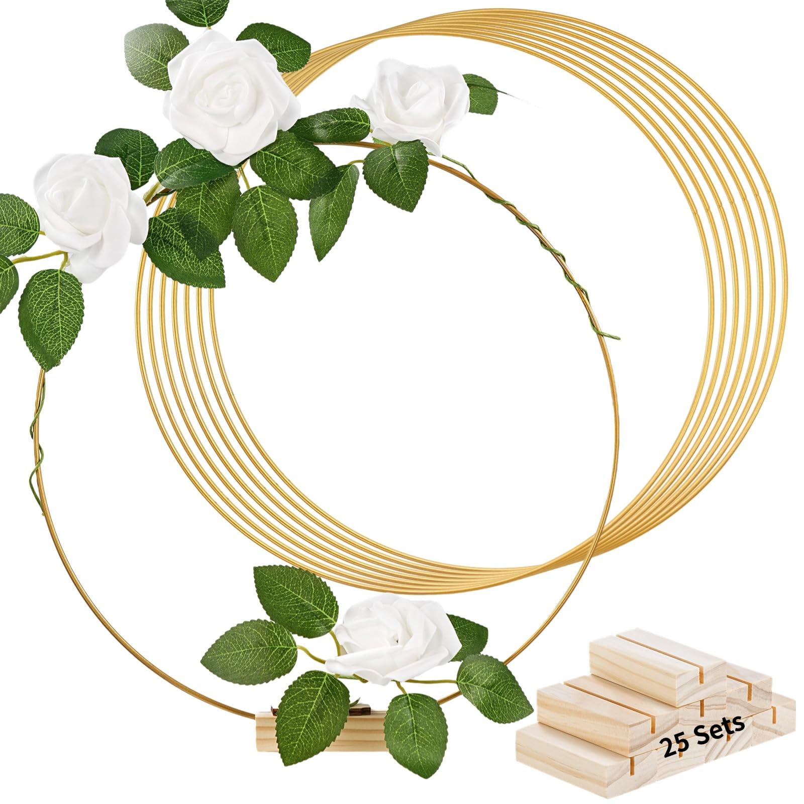 25 Stk. Metall-Blumenringe mit 25 Holzständern, runde Golddeko für Tisch und Wand, Kränze mit Haltern für DIY, Taufparty, Hochzeitsdeko und weitere Anlässe, 11,8 Zoll Durchmesser