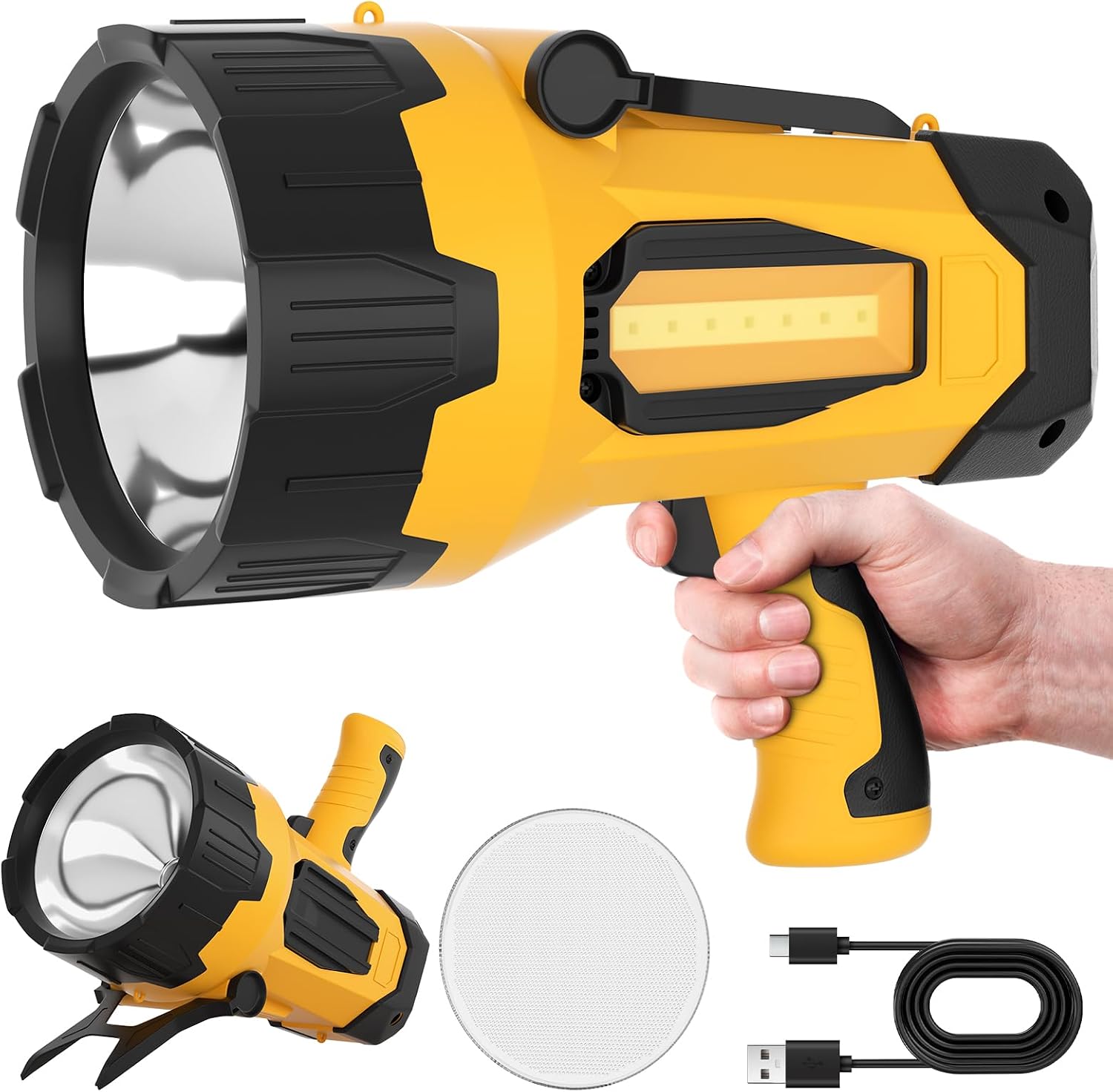 Rechargeable Spotlight, High Lumens LED Spotlight Flashlight with Foldable Tripod, Super Bright COB Light Handheld Flashlight 88000 Lumens Long Runtime Portable Power Bank for Outdoor Camping Hunting