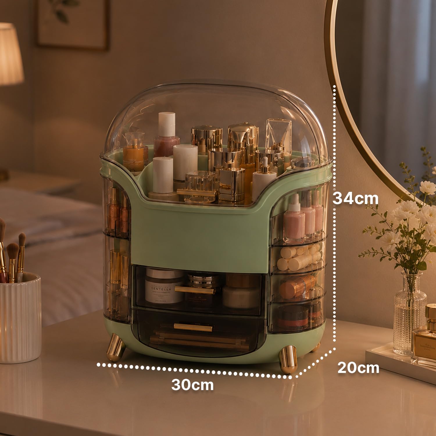 Wintem Porta Trucchi Rotante Trasparente Verde, Make Up Organizer con 2 Cassetti Girevoli a 90° e 2 Scomparti Laterali, Organizzatore Cosmetici Compatto da Toeletta