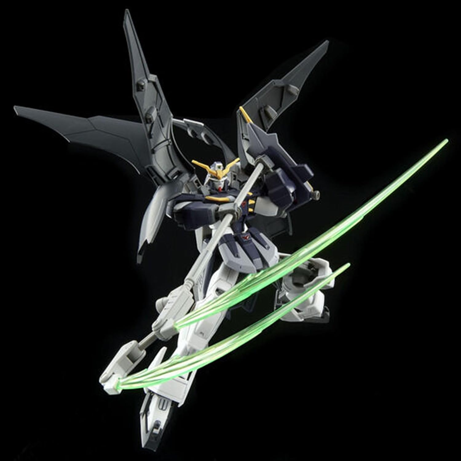 Bandai HGAC Gundam Deathscythe Hell in a dynamic pose, wielding its Beam Scythe with green energy effects.