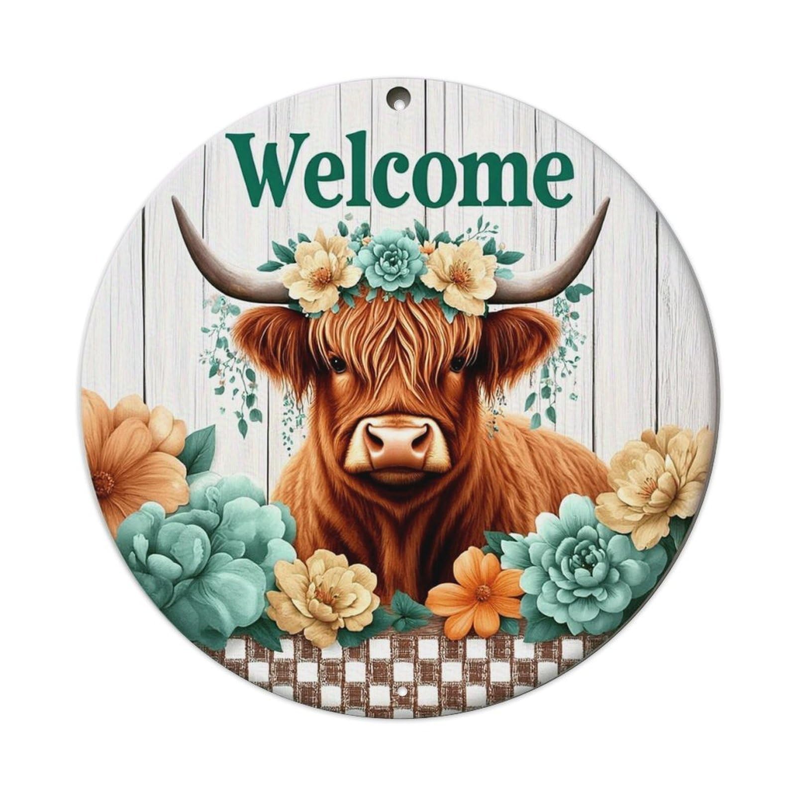 Floral Highland Cow Welcome Sign Vintage Metal Tin Sign Retro Wall Decor for Home Bar Garage Cafe, Indoor & Outdoor Decorative，circle Metal Poster, 8x8 Inch