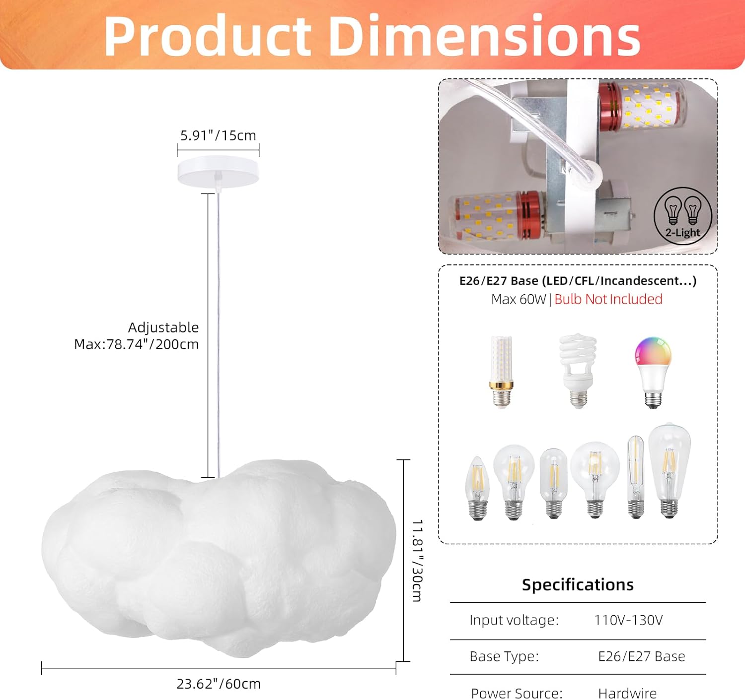 Arturesthome 2-Lights Hanging Cloud Pendant Lighting, Modern Fluffy Cotton Chandelier Ceiling Light Fixture for Children Girls Kids Living Room White-23.6in