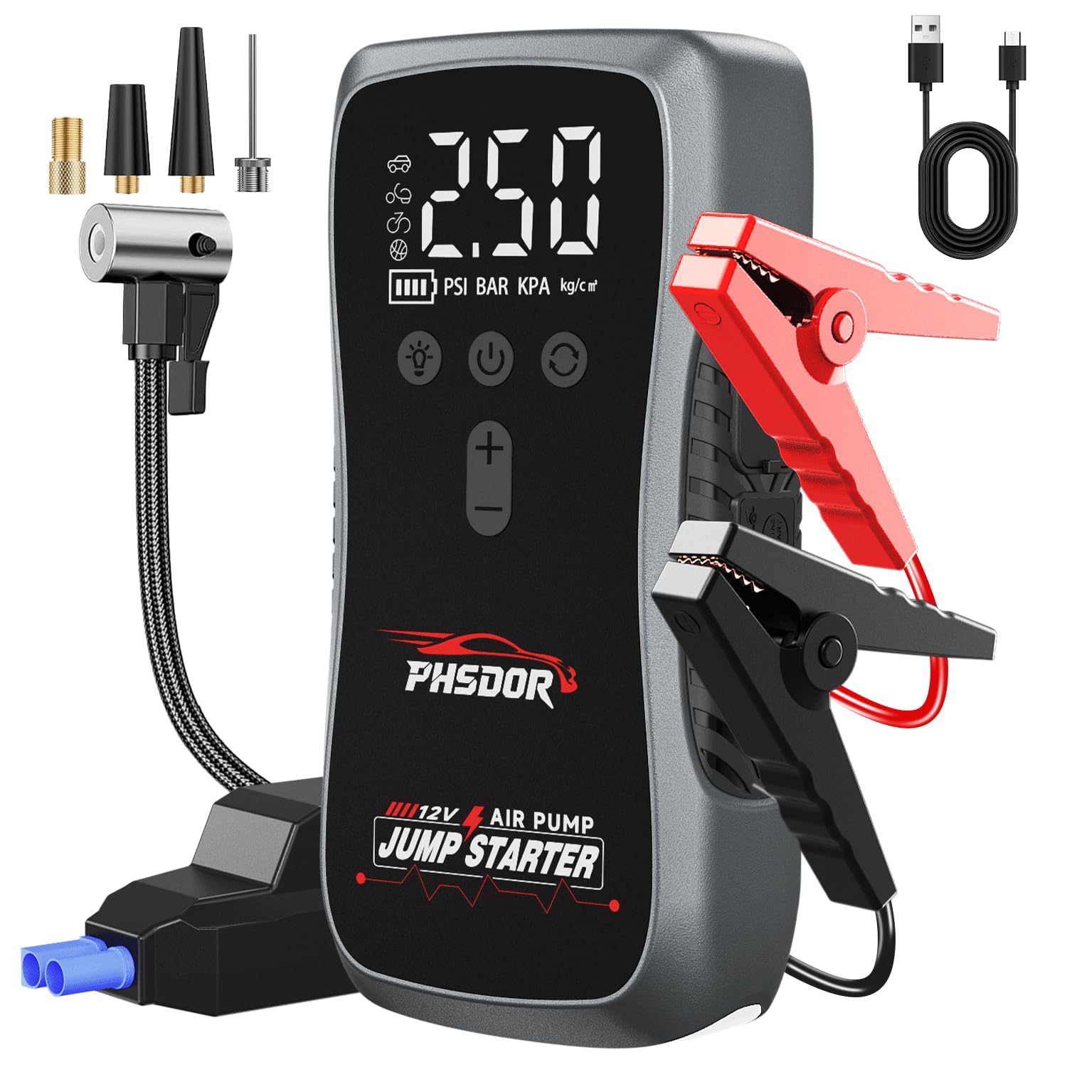 Avviatore Batteria Auto con Compressore 150PSI 8000A 25000mAh, Booster Avviamento Auto (Tutti Gas/10.0L Diesel), Avviatore Emergenza Starter Batteria con Torcia a LED