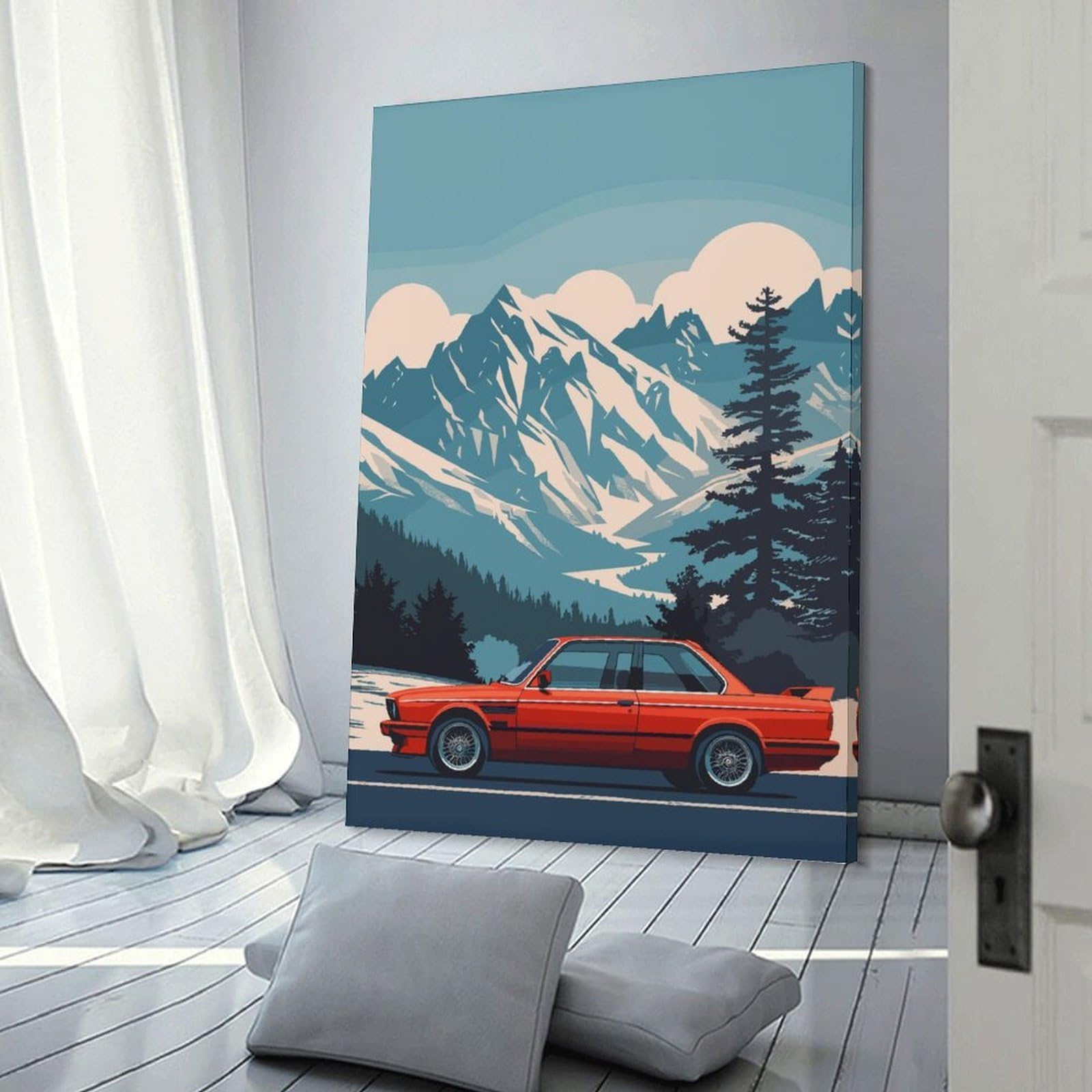 Junmoney Red Car Mountain Adventure Canvas Wall Picture, 20x30inch(50x75cm), for Wall Displays, Bedrooms Or Room Updates, Wall Decor Suited to Curated Displays