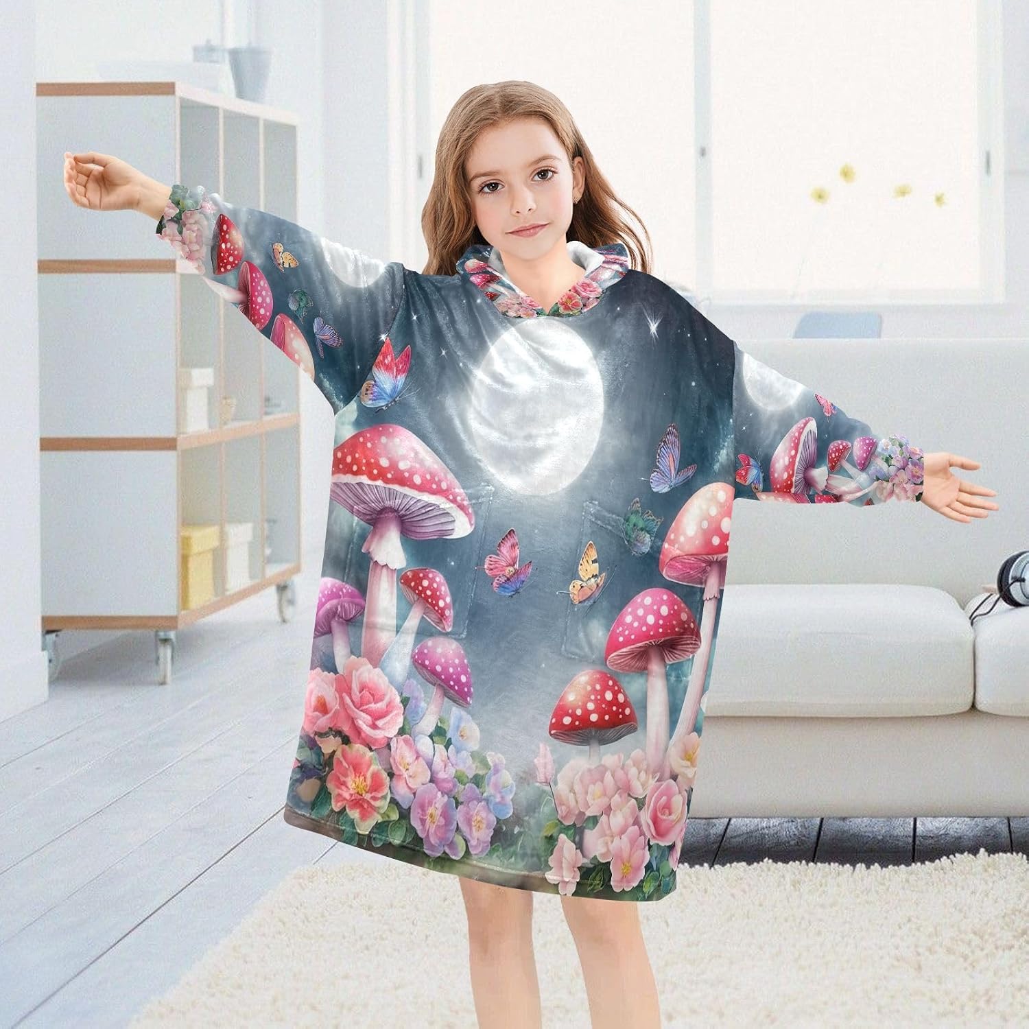 Kigai Mushroom Wearable Blanket Hoodie for Kids Oversized Hooded Blanket Warm & Cozy Sweatshirt with Pockets