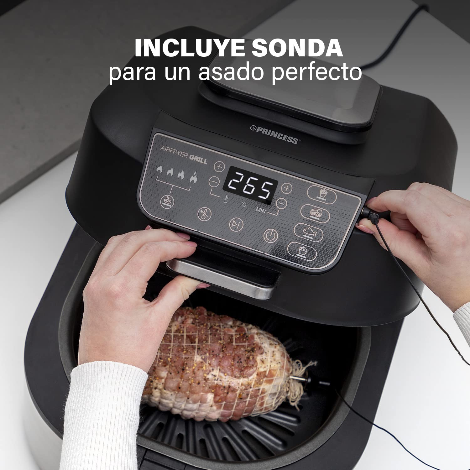 Princess 182092 – Freidora sin aceite 2 en 1 – 4 programas – máx. 265 °C – Incluye termómetro – 1760 W – plata/negro
