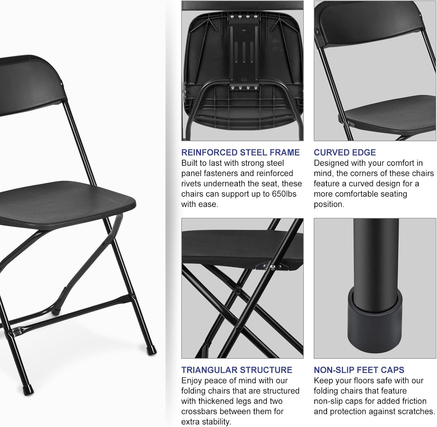 AJP Distributors Folding Chair,Comfortable Event Chair with Back,Portable Stackable Commercial Seat for Indoor and Outdoor,Office,Wedding,Party,Picnic,Kitchen Dining,Patio&Garden(Black,10 Pack 650 lb)