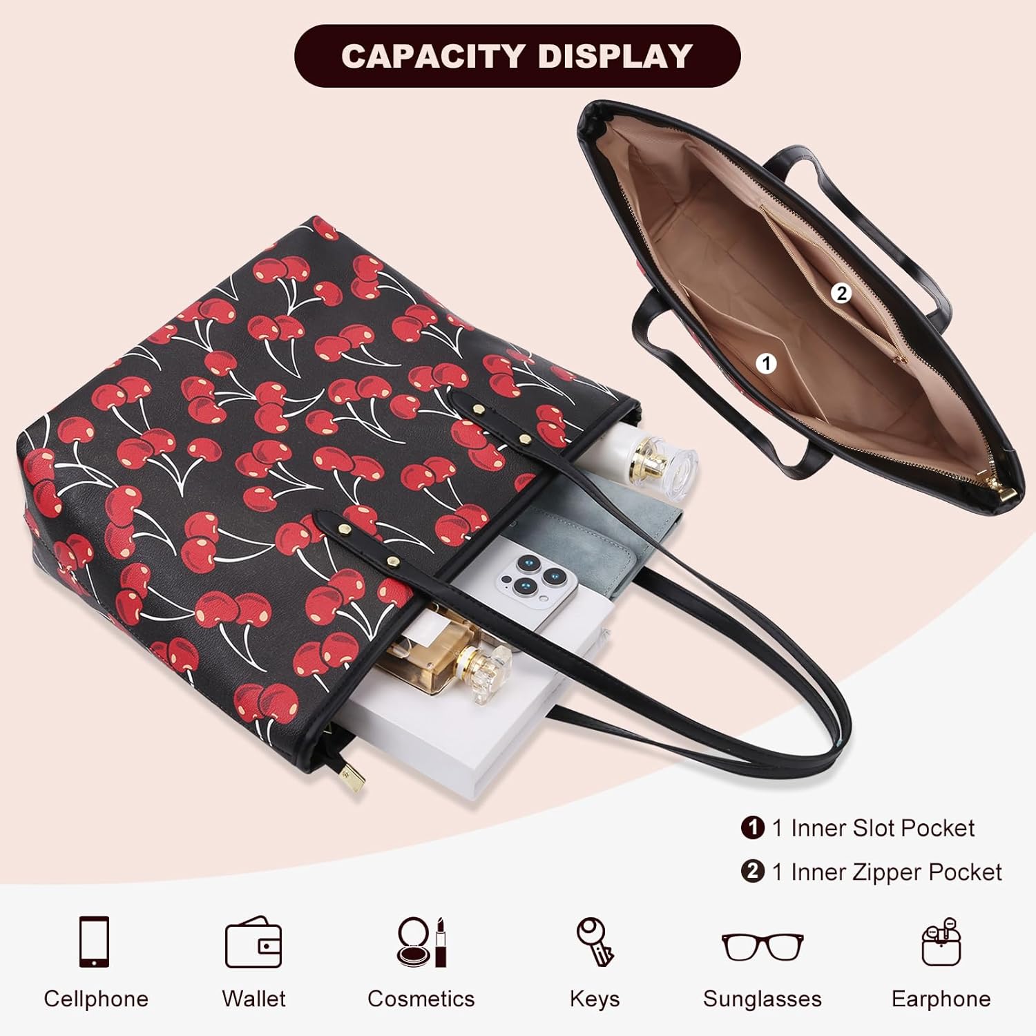 Cherry Tote Bag for Women Bow Shoulder Tote Handbag Faux Leather Top Handle Bag for Work/Travel 2025 - Image 5