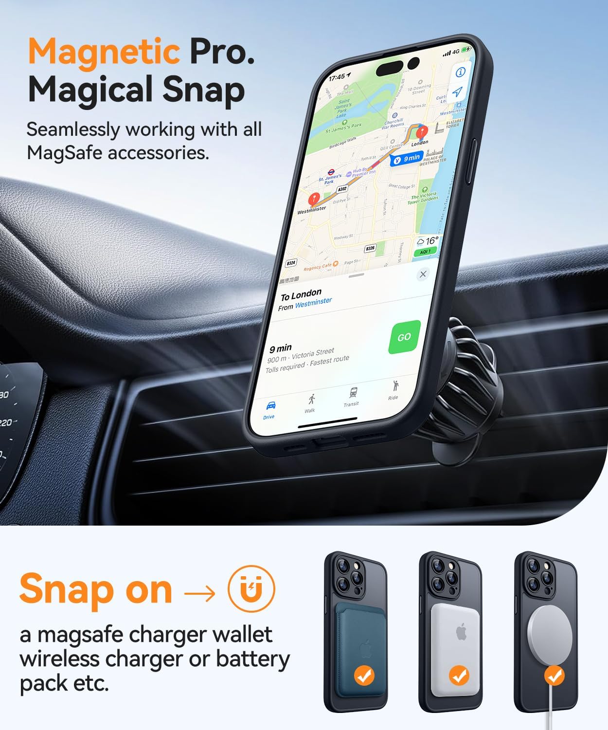 CANSHN 360° Spin Magnetic Stand for iPhone 15 Pro Max Case [Full Camera Protection] [Compatible with Magsafe] [Translucent Matte] Shockproof Protective Kickstand Phone Cover 6.7" - Black