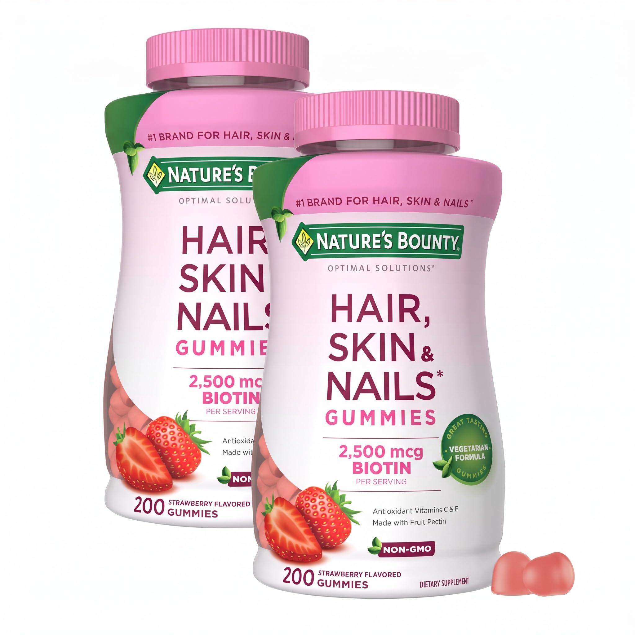 Nature's Bounty Optimal Solutions Hair, Skin and Nails Pectin Gummies, 2500 mcg Biotin Per Serving, No Stick Gummy, Vegetarian Formula, Strawberry Flavor, 200 S