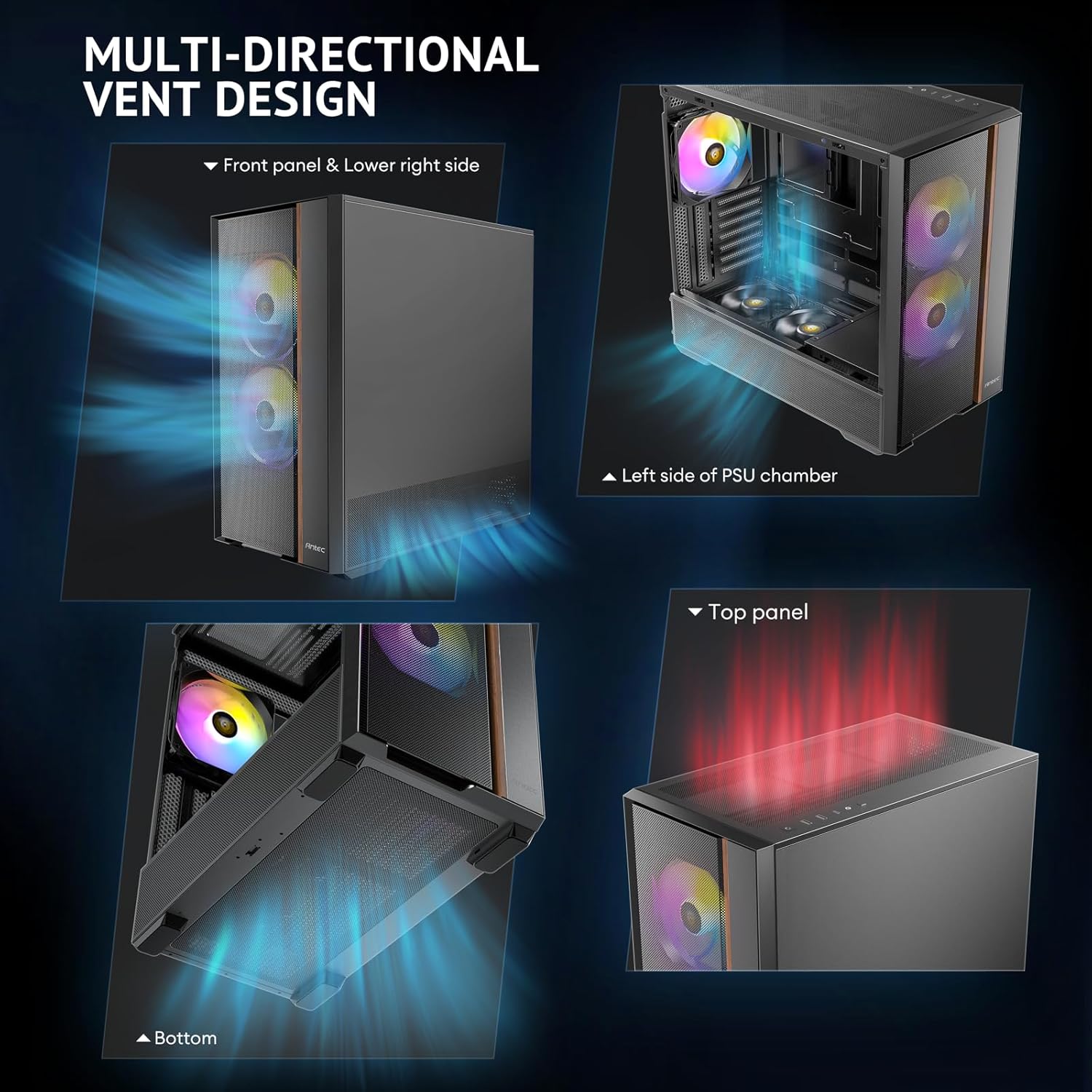 Four images showing different vent locations: front panel, lower right side, left side of PSU chamber, and top panel.