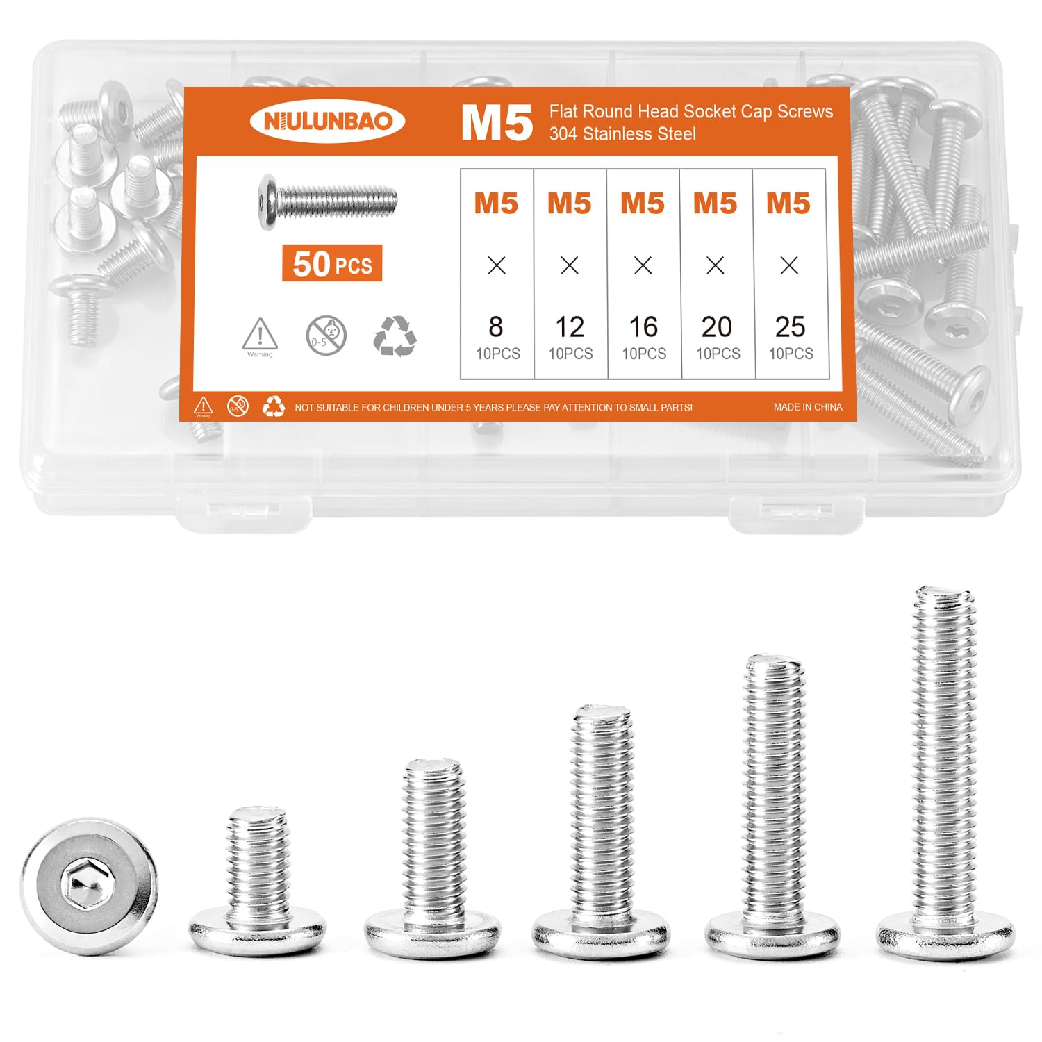 Photo 1 of NIULUNBAO M5 x 8mm 12mm 16mm 20mm 25mm Flat Round Head Hex Socket Cap Screws Bolts, Furniture Screws, 304 Stainless Steel, Allen Hex Drive, Metric Fully Threaded, Bright Finish, Assortment Kit 50PCS