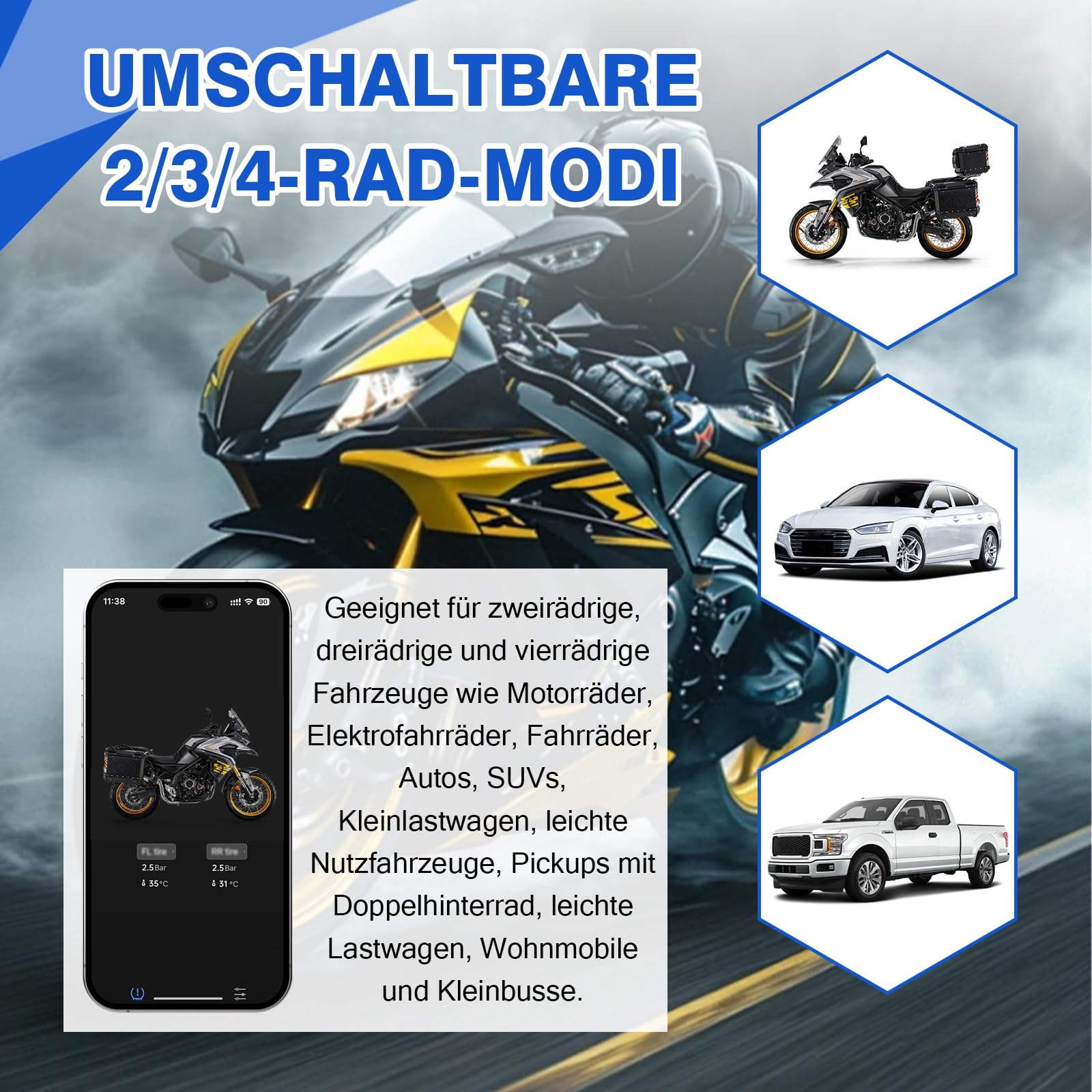 Bluetooth Reifendruckkontrollsystem mit Externen Sensoren, Motorrad TPMS Reifendruck und Temperatur Monitor, Reifendrucksensor Reifen Sensor APP für Autos, Motorräder, ATVs, Pickups (2 Stück)