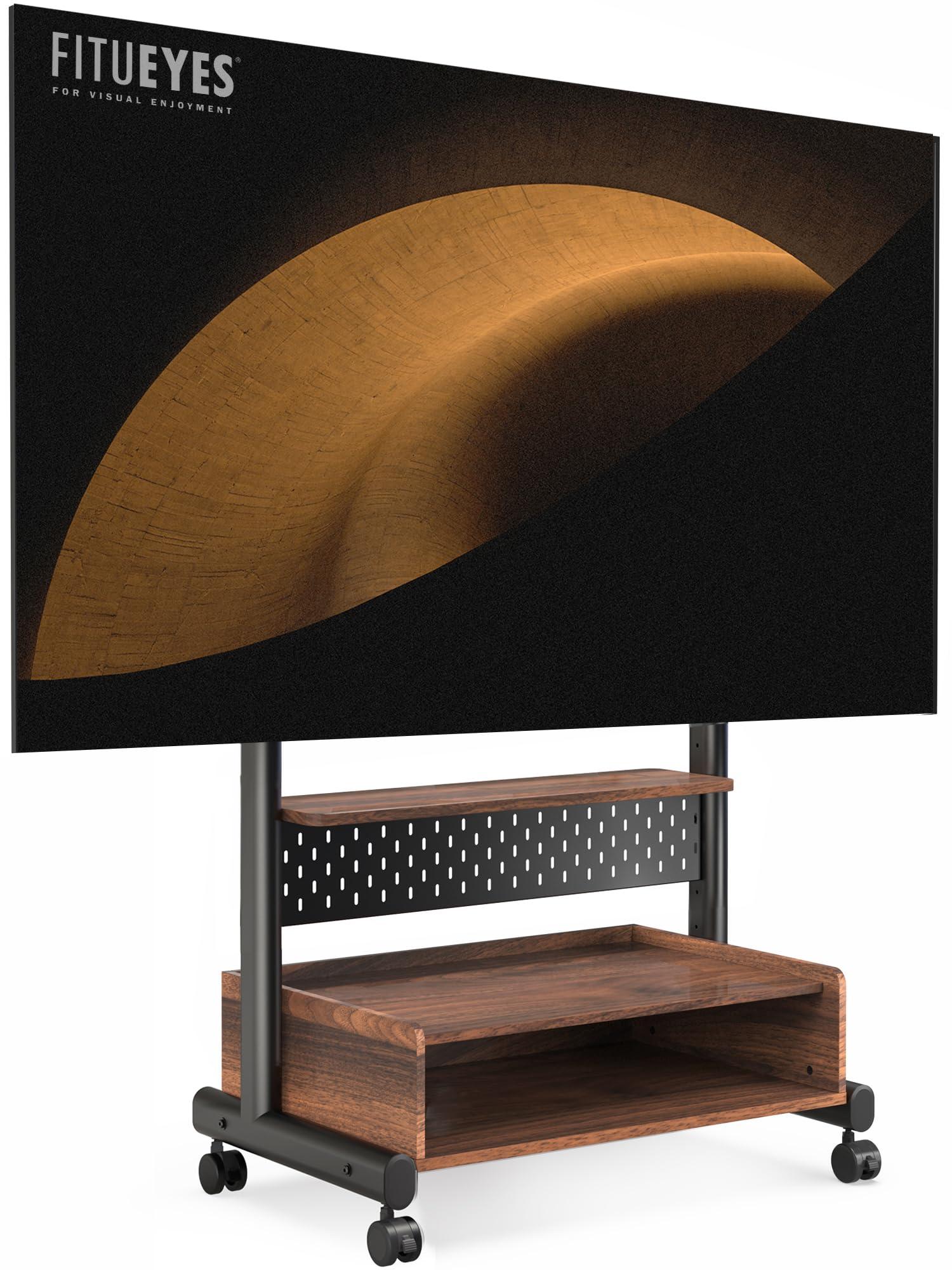 FITUEYES Rolling TV Floor Stand for 40-85in TVs, Height-Adjustable, Walnut