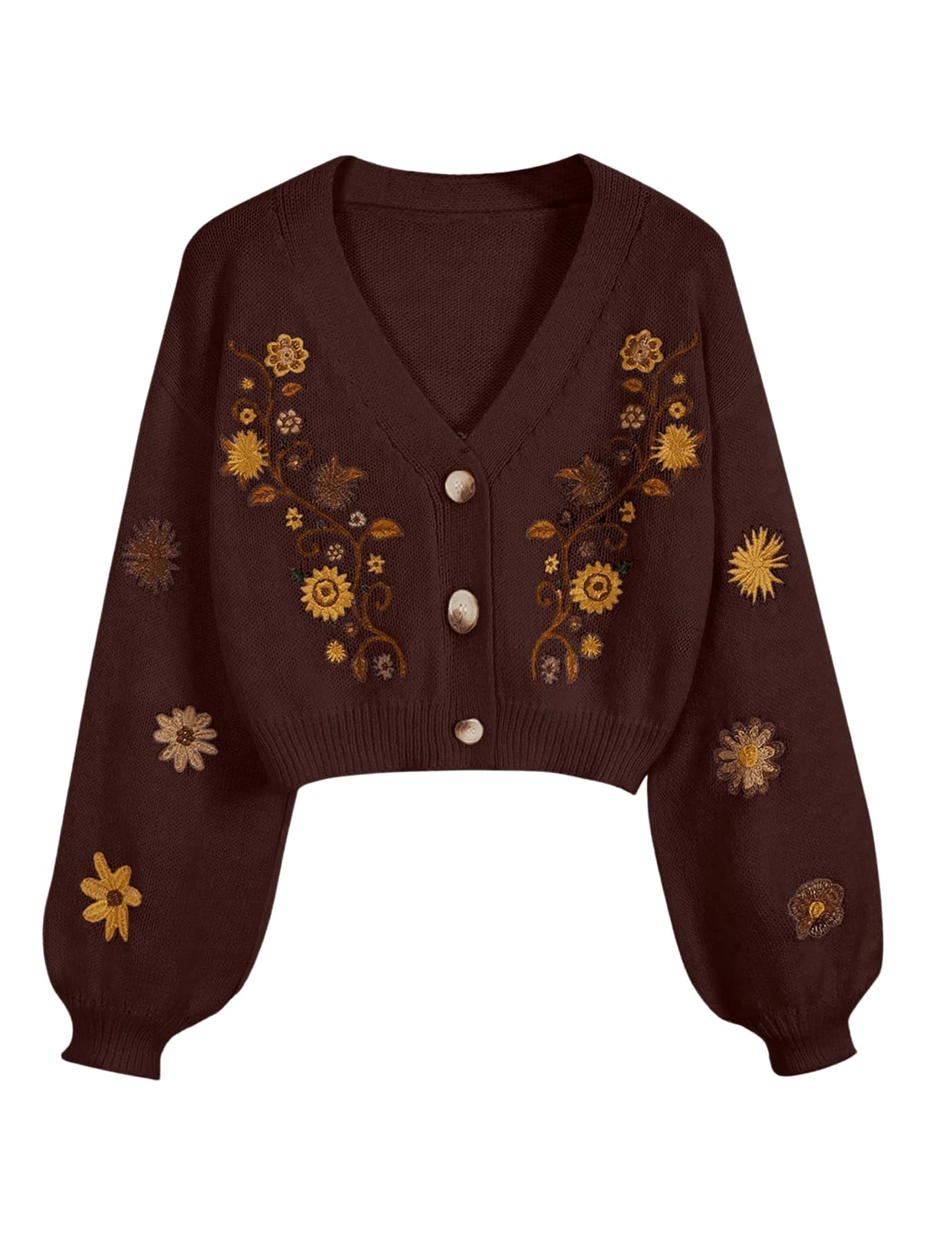 GORGLITTER Women's V Neck Floral Embroidered Cardigan Sweaters Lantern Sleeve Button Down Cropped Cardigan