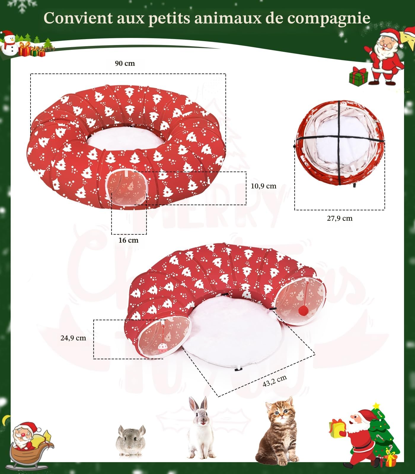 Pawaboo Lit Tunnel Noël Chat 35,4", Sapin Noël | Tunnel avec tapis, balles en peluche et grelots pour jouer, se cacher et se reposer.