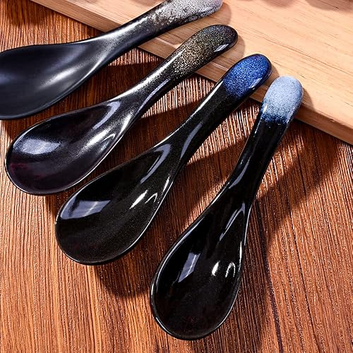 Miniatura 2 de Juego de 4 cucharas de sopa asiáticas de cerámica, cucharadas chinas y japonesas, cucharas de arroz de porcelana para Ramen Pho Miso y Wonton