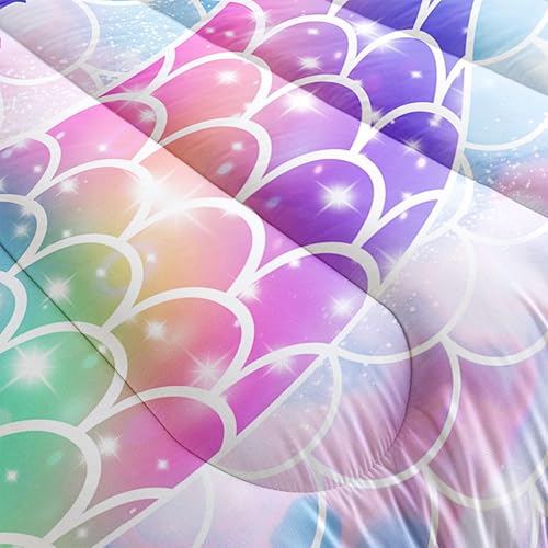 Miniatura 5 de Datura home Juego de edredón de cama con estampado de cola de sirena arcoíris con 1 edredón y 2 fundas de almohada para dormitorio de niñas durante