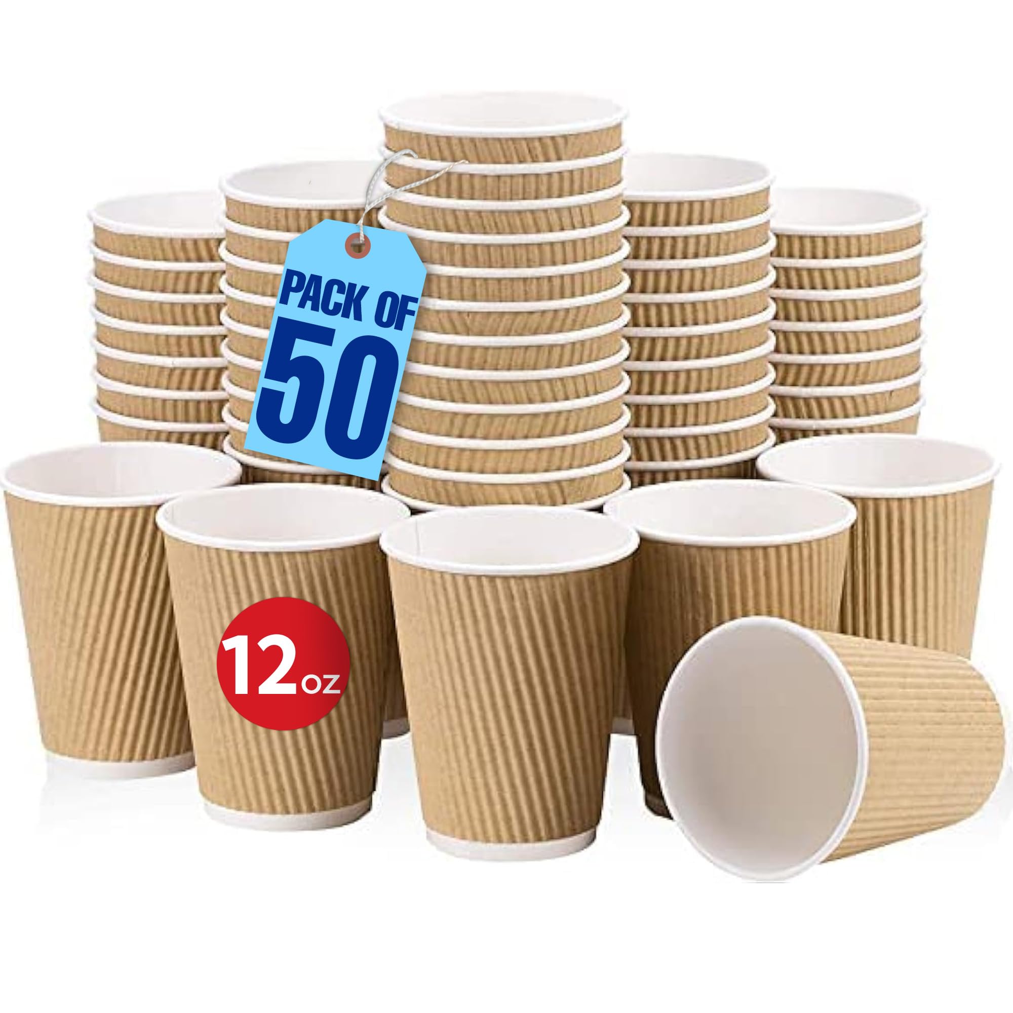 MARKQ [Set of 50] [12 Oz] Brown Disposable Ripple Insulated Coffee & Tea Cups - Hot Beverage Corrugated Paper Cups - Eco-Friendly
