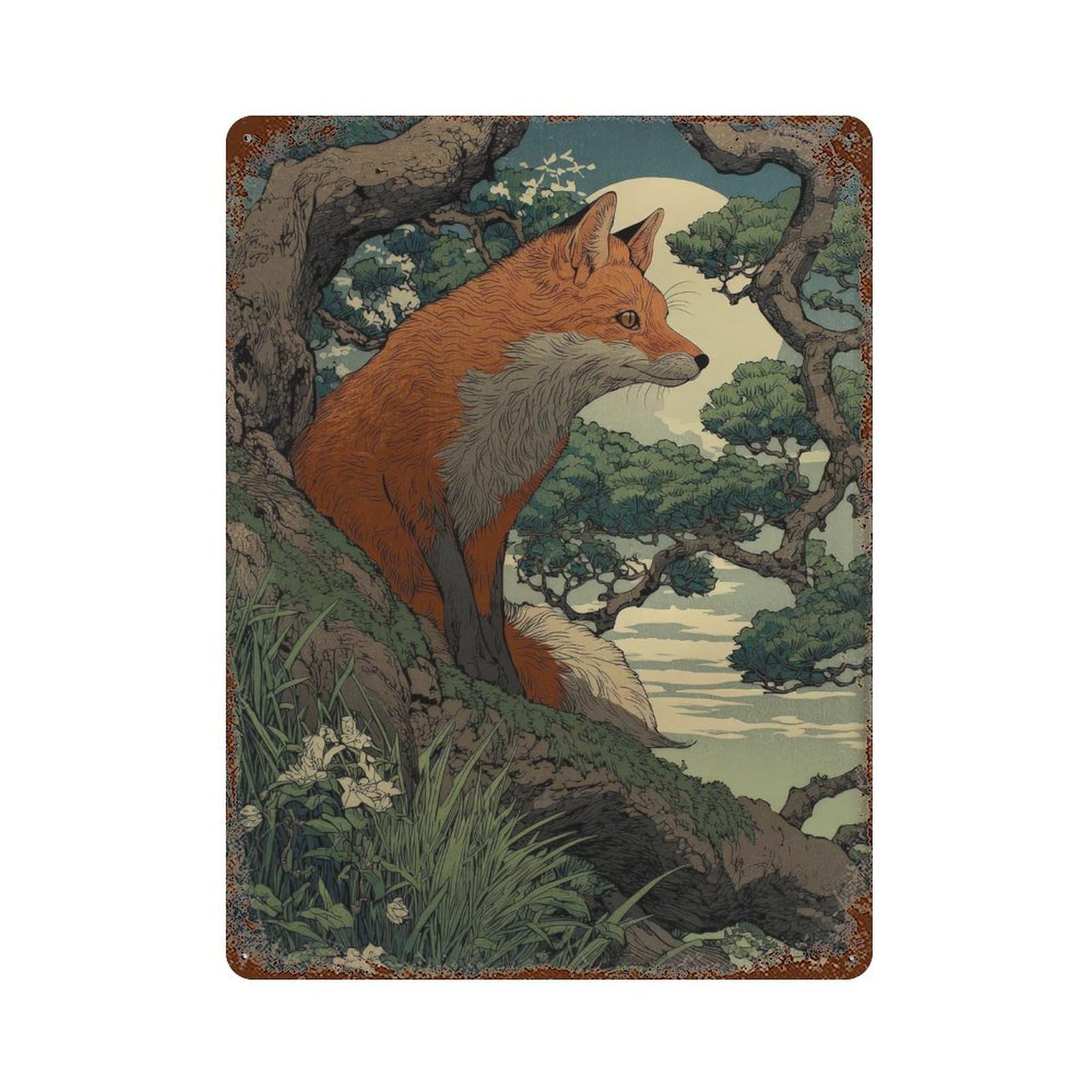xiaoxiaoshen Red Fox. Japanese Style Ukiyo Wall Decor Art Metal Tin Poster Modern Home Decor Art Home Bar Shop Decorations Vintage Sign 40x30cm