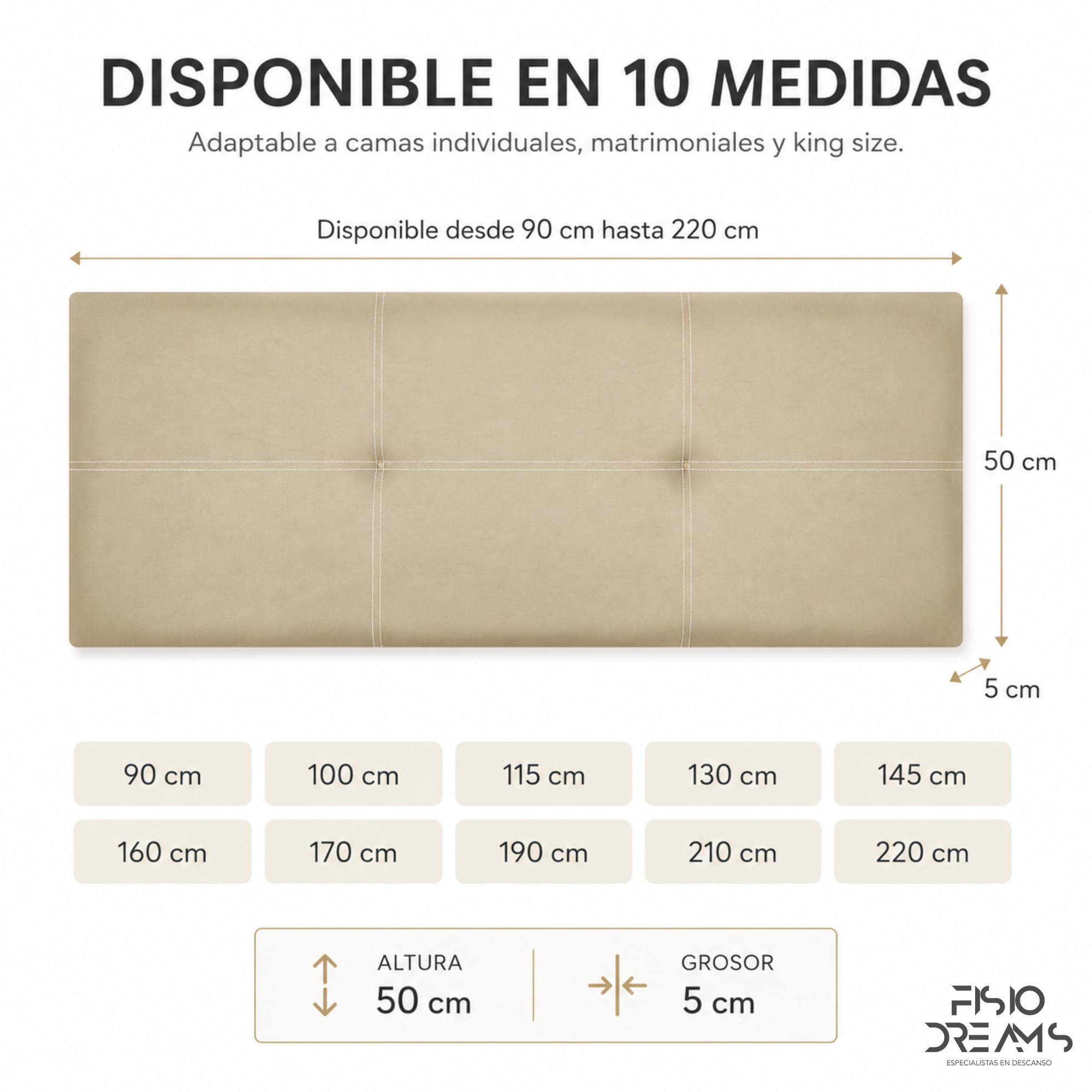 FISIO Dreams Cabecero Polipiel Tapizado Lola para Cama 90, 105, 135, 150, 160, 180 y 200 cm | Cabezal Acolchado Moderno | Fabricado en España | Fácil Instalación | 5 cm