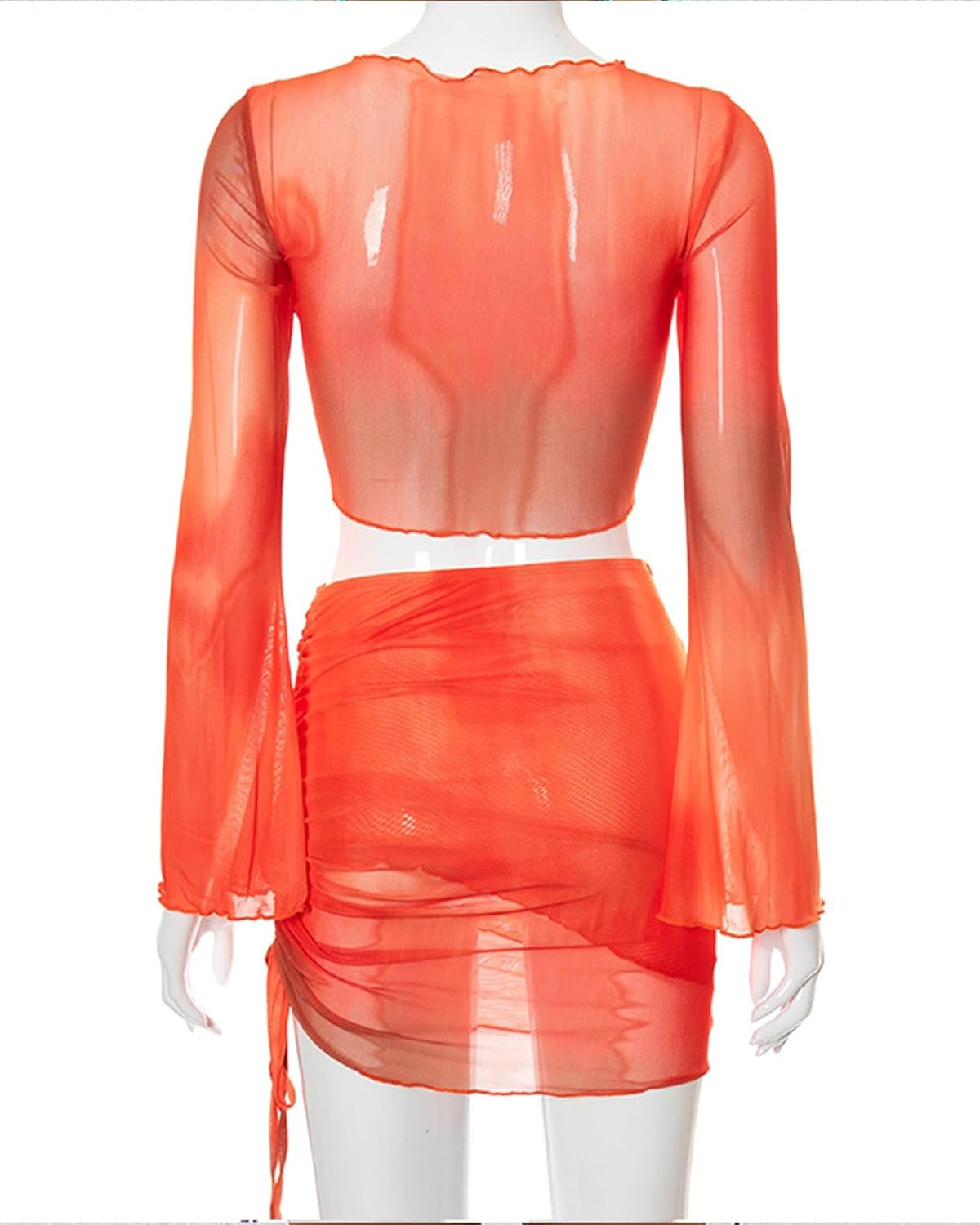 Women's Sexy Long Sleeve Two 2 Pieces Outfits Sheer Mesh Mini Dress Skirt Set Top V Neck Backless Ruched Bodycon Cover Up - Image 4