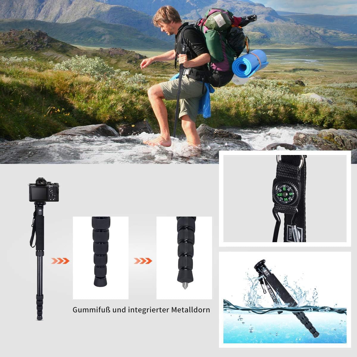 SIRUI P-306 Einbeinstativ Kamera Reise Monopod, Aluminium 0.56kg Stativ, 6 Sektionen, leichtes kompaktes Reisestativ, Max 155cm, 39,2cm Packmaß, Max Last 8kg