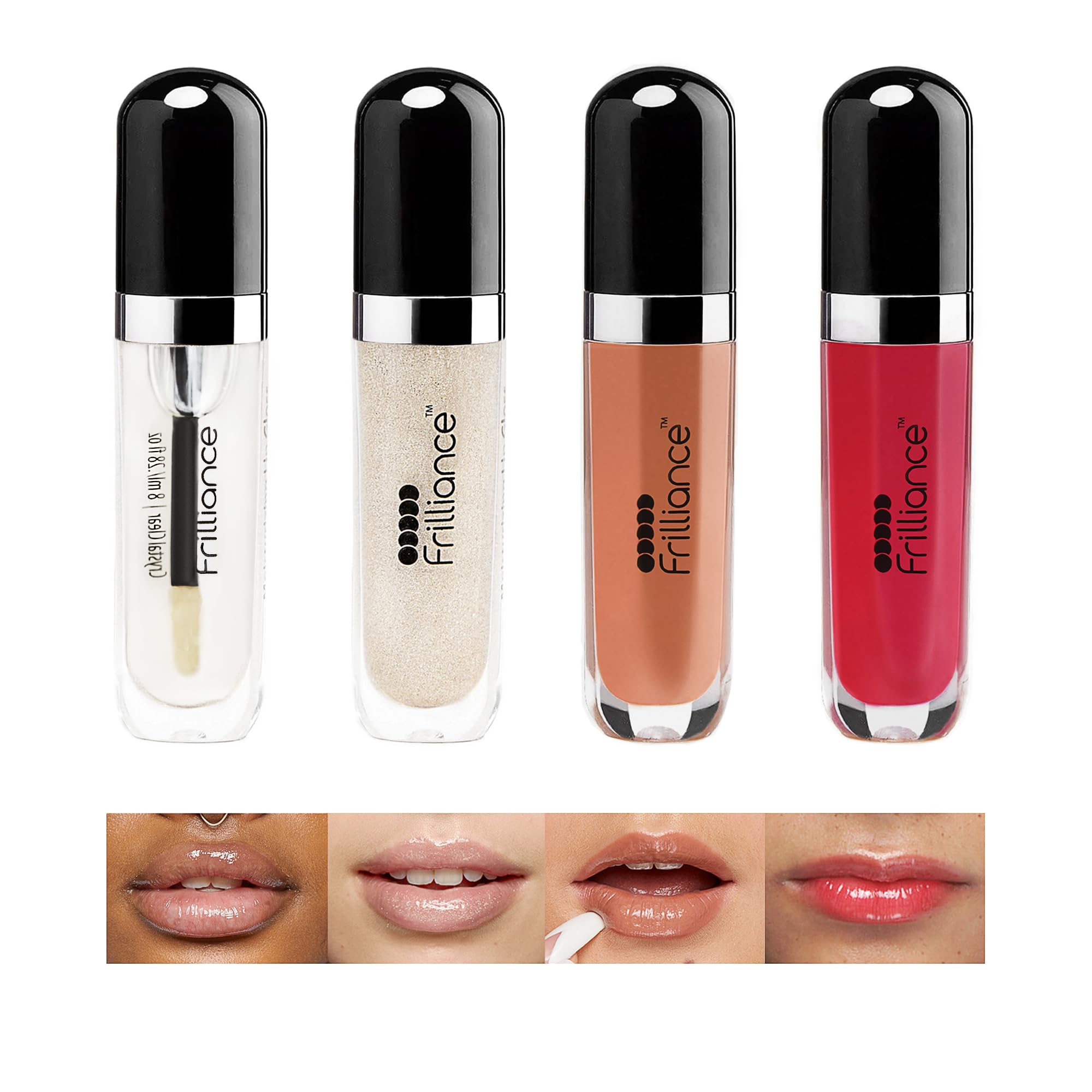 Frilliance Moisturizing Natural Lip Gloss Vault Bundle for Teens 4 Pack - Pearly Y2k Cherry Glaze Crystal Clear