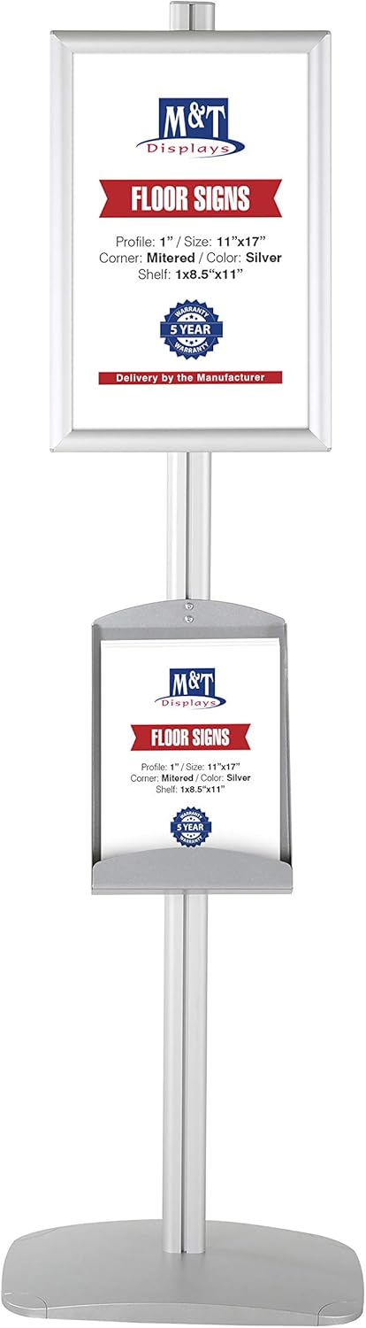 M&T Displays Free Standing Aluminum Display Stand Single Sided Document Brochure Sign Holder Front Loading Portrait Landscape Silver Snap Frame 1x(11x17) and Metal Tray Shelf 1x(8.5x11) Inch