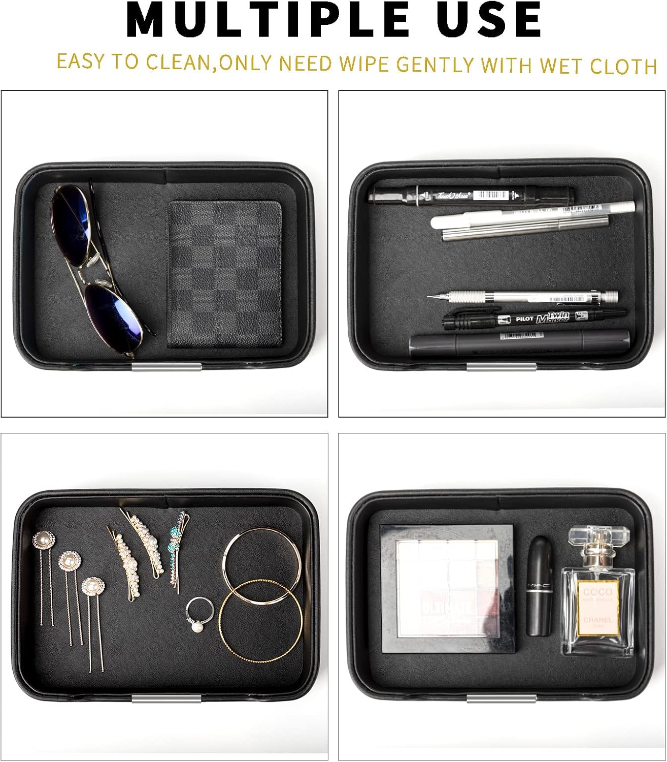 SANZIE Luxury Leather Tray Organizer Valet Tray Key Tray for Entryway Table Desktop Storage Catchall Tray Decorative Tray for Jewelry Keys Wallet Phone Watch (Metal Silvered, Black)