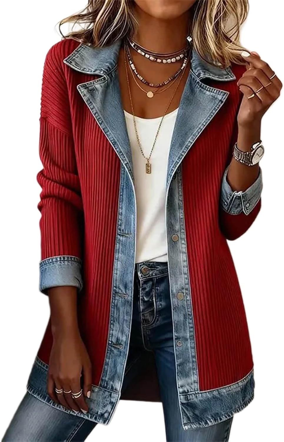 Women's Denim Trim Cardigan Long Sleeve Casual Ribbed Knit Jacket