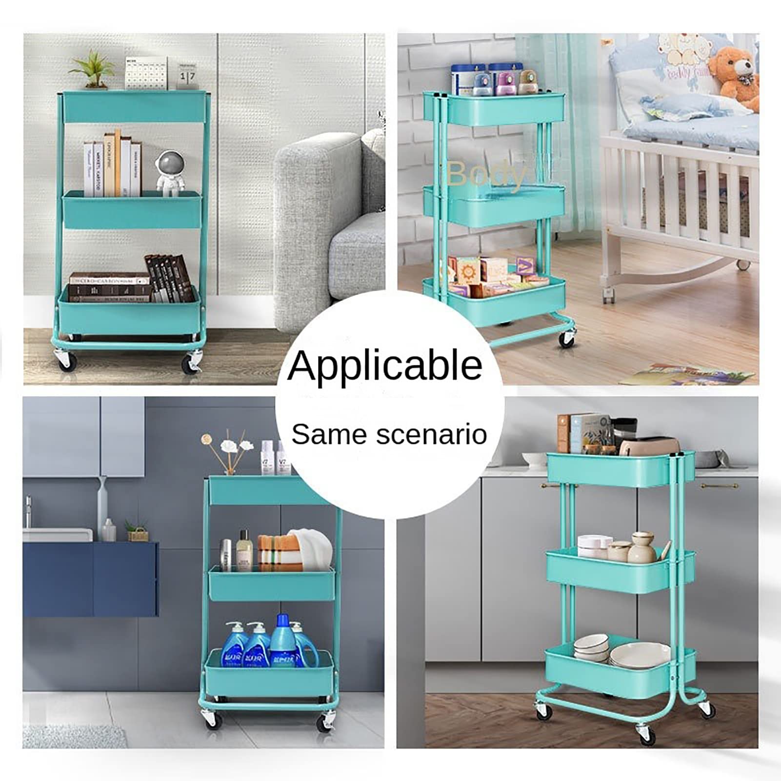 Carro utilitario de almacenamiento con ruedas, carro rodante de 3 niveles, estantes de almacenamiento móviles para oficina, garaje, cocina, hogar, baño,Azul
