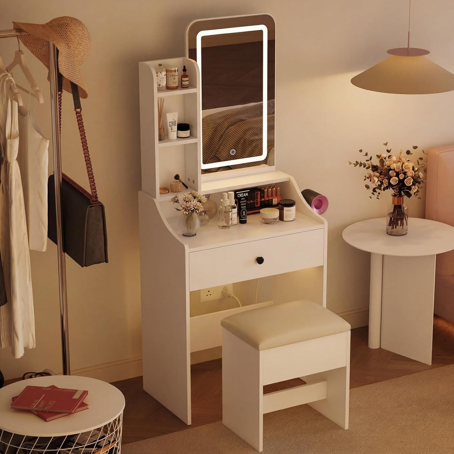 Small Vanity Desk with Charging Hub and Hair-Dryer Holder, Mirror and Light Stepless Dimmable, Bedroom Dressing Table for Makeup, White