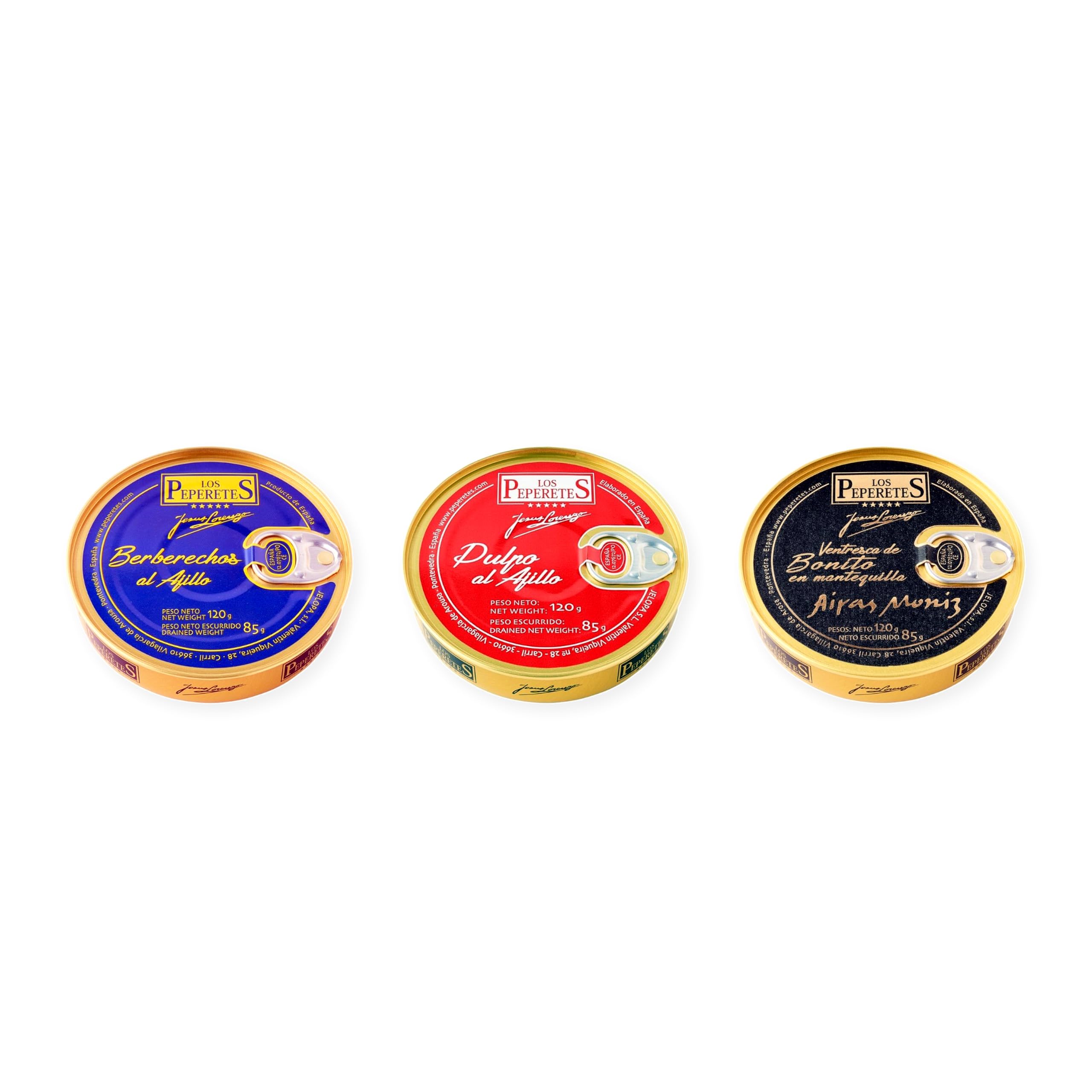 los peperetes conservas Berberechos Ajillo, Pulpo Ajillo y Ventresca Bonito Mantequilla pack 3 latas