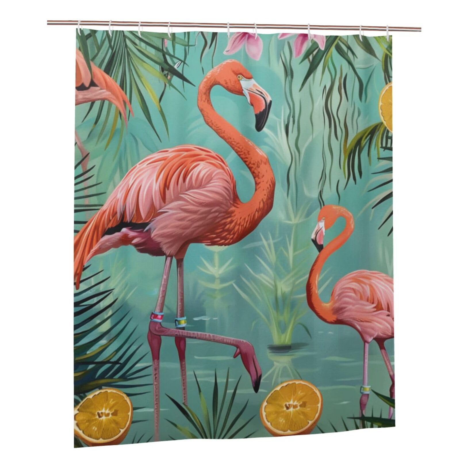 BWWHCCTI Flamingo Printed Shower Curtain With 12 Plastic Hooks Opaque Quick Drying Waterproof Shower Curtains Sets For Bathroom 152x183 Cm