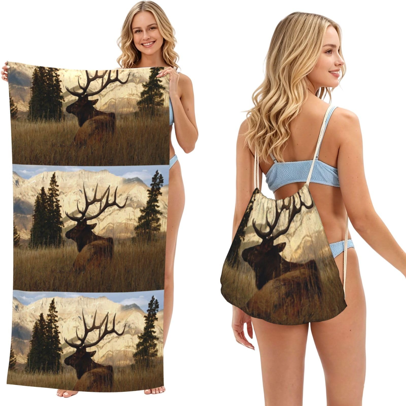Poadnly As Picture Elk, 2 In 1 Packable Towel Bag, Beach Towels With Drawstring Backpack For Travel Holiday Camping