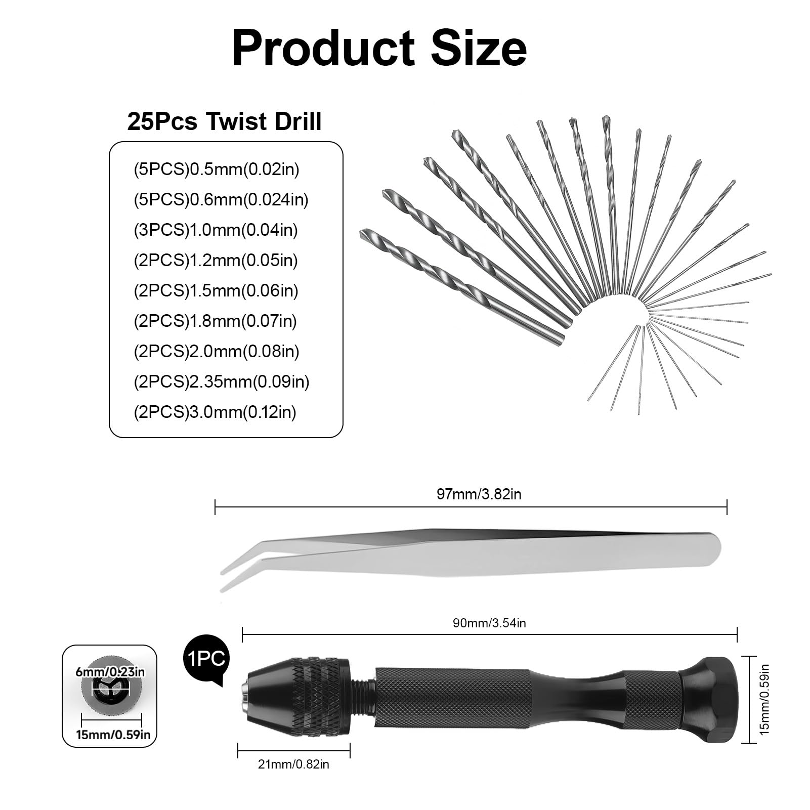 Mini trapano a mano Twist Drill Bits, 25 punte elicoidali, strumenti rotanti per modellismo, legno, metallo