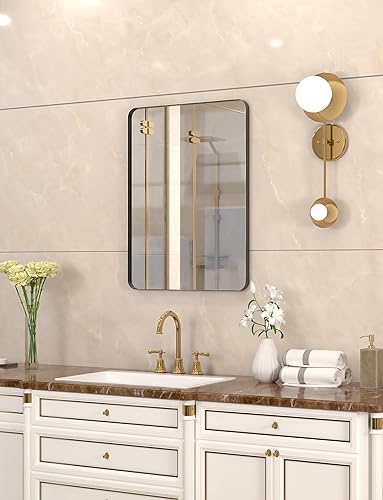 Suiforlun Espejo de baño para pared, espejo rectangular inastillable con marco de metal negro mate, espejo vertical horizontal antioxidante, 22 x 30