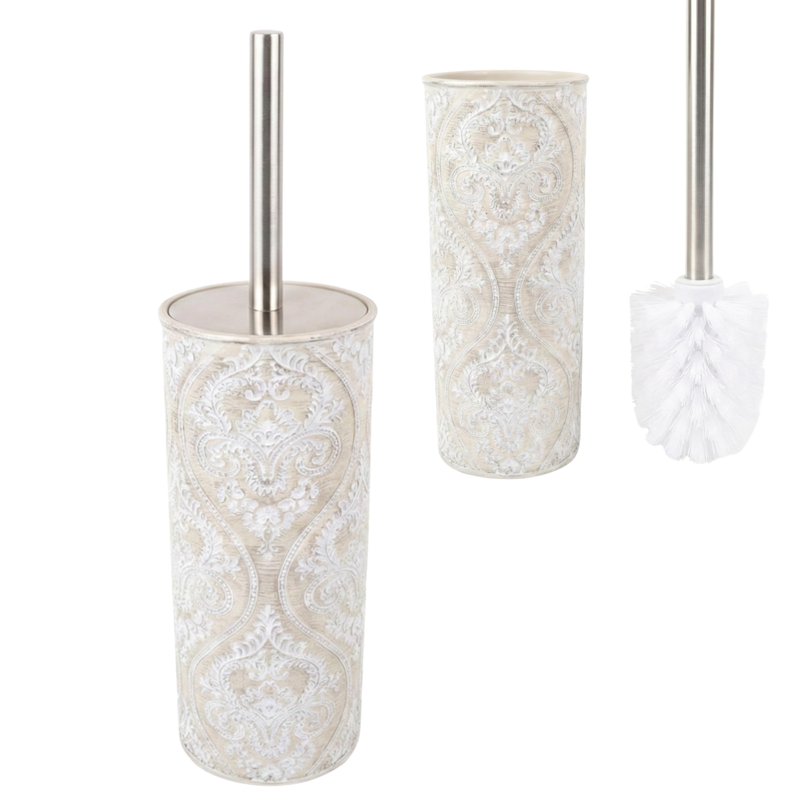 Kook Time Set de Baño 3 Piezas Serie Damask - Dispensador (Bomba Zinc Inoxidable), Portacepillos y Jabonera - Diseño Clásico Relieve Floral - Color Crema — view 9