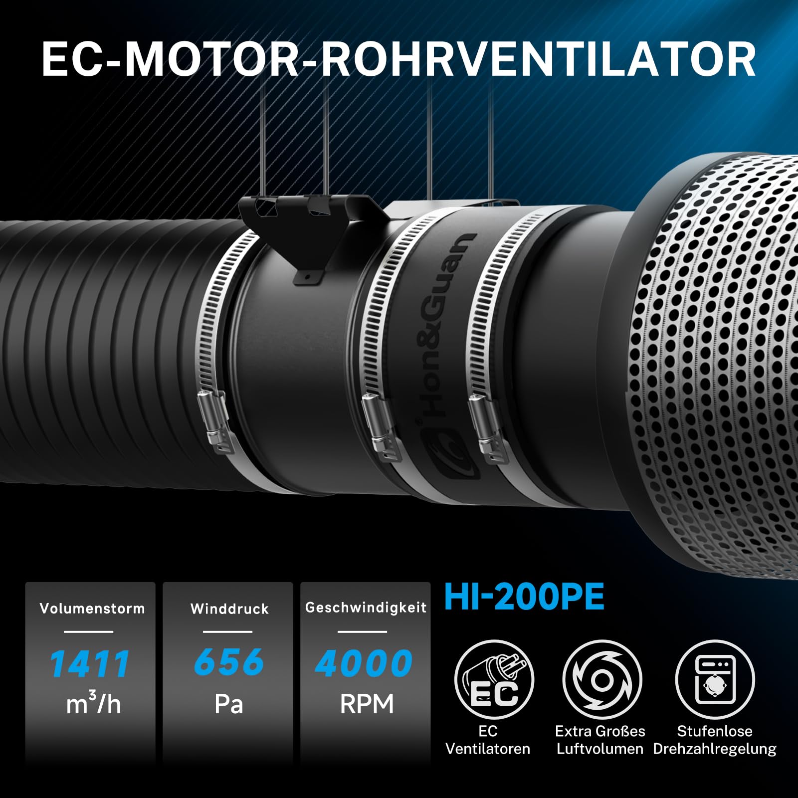 Hon&Guan Ventilatore tubolare EC, 200 mm, con regolatore di velocità, 1411 m³/h, con regolatore, spina europea per tenda di crescita, filtro ai carboni attivi HVAC