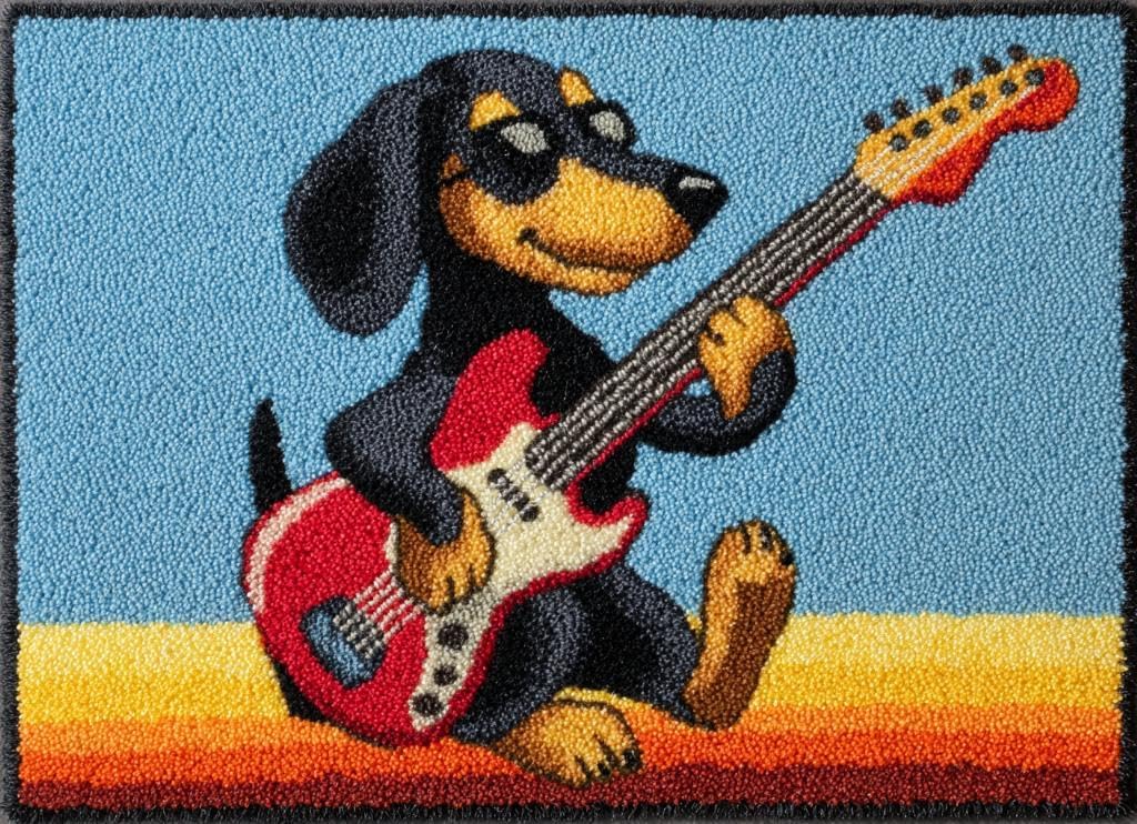 Latch Hook Rug Kit Black Dachshund Dog Play Guitar Tapestry 52x38cm-4