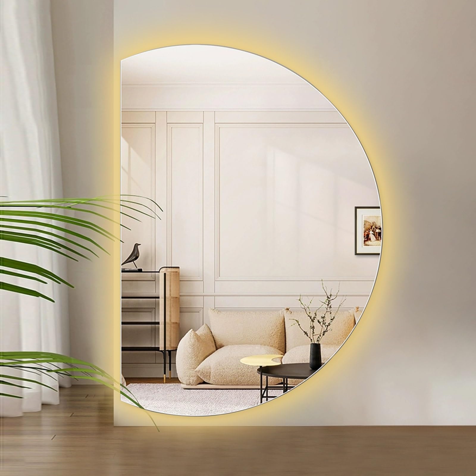 SXFSDOU 35"x24" Irregular LED Vanity Mirror with 3 Colors Light Backlight, 51"x35" Semicircle Smart Anti-Fog Dimmable Bathroom Mirror, Vertical Mount(Left Cut,90x60cm/35x24in)